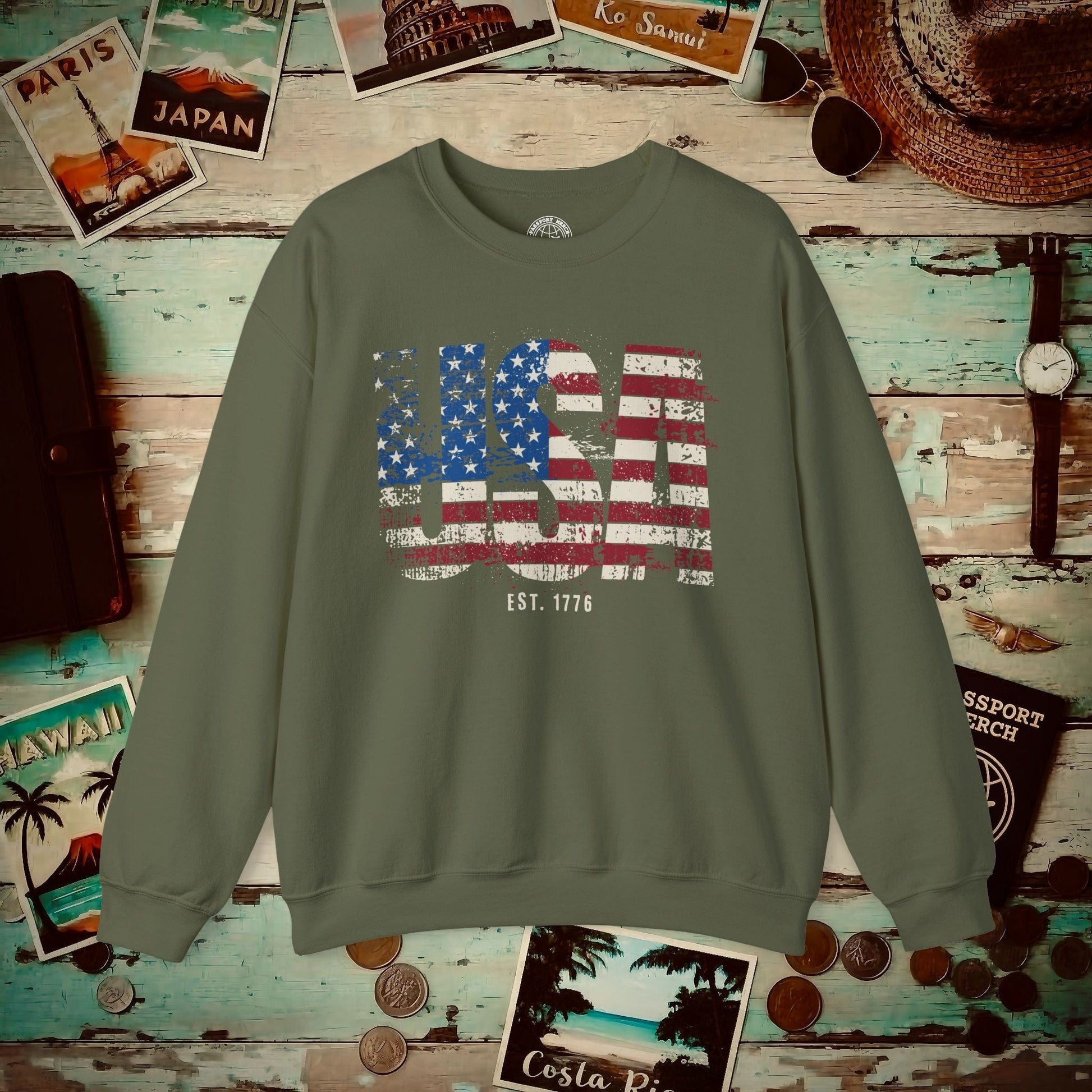 Vintage Distressed USA Letter Flag Crewneck Military Green / S