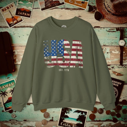 Vintage Distressed USA Letter Flag Crewneck Military Green / S