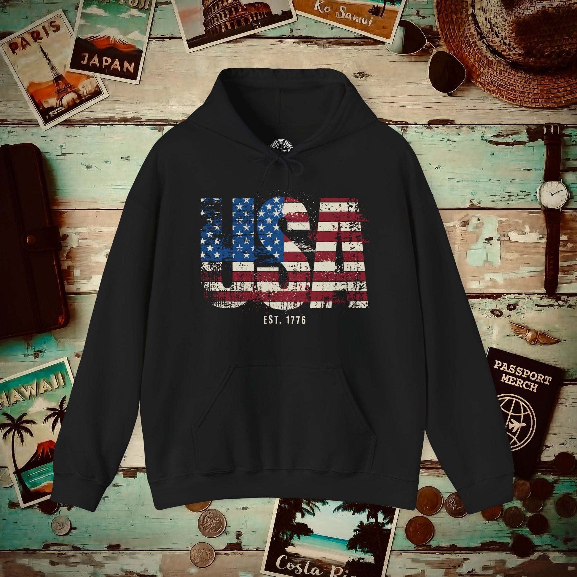 Vintage Distressed USA Letter Flag Hoodie Black / S