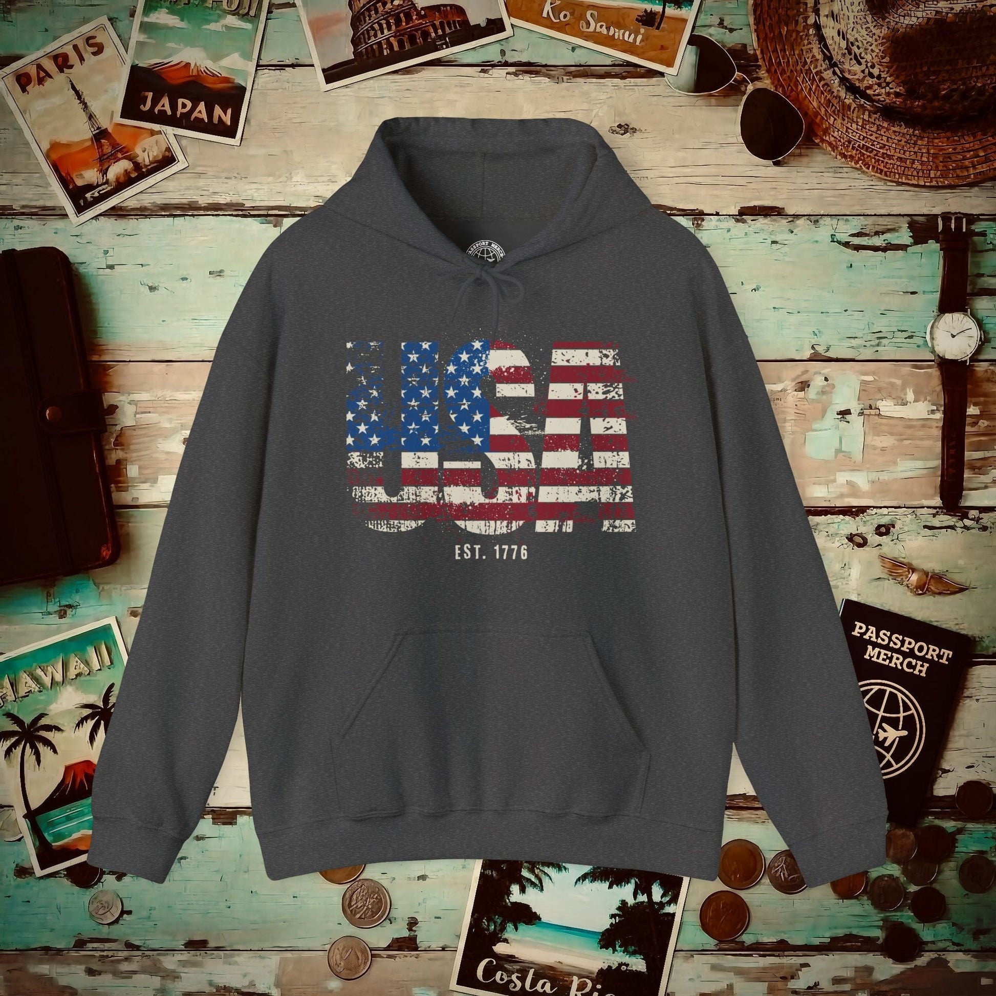 Vintage Distressed USA Letter Flag Hoodie Dark Heather / S