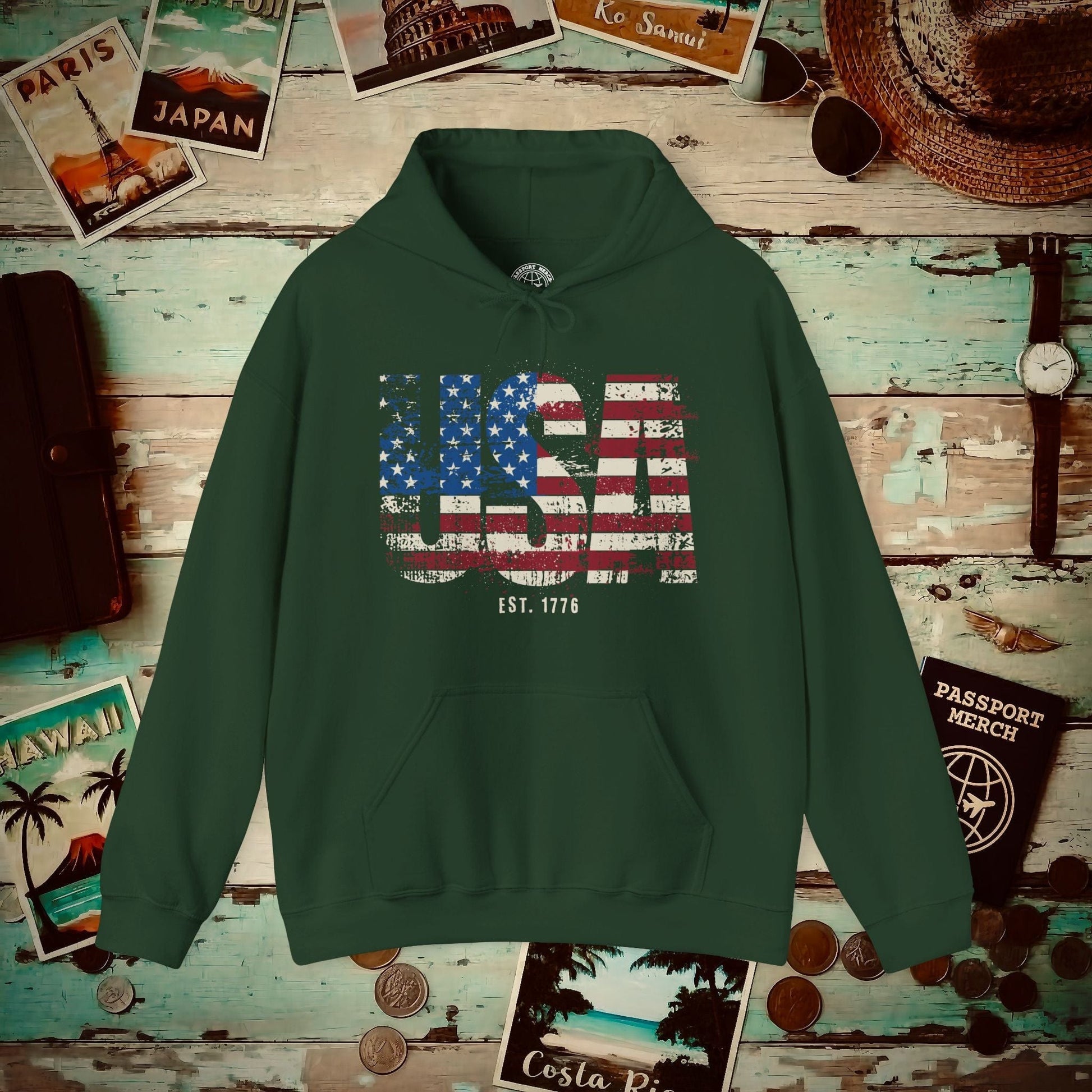 Vintage Distressed USA Letter Flag Hoodie Forest Green / S