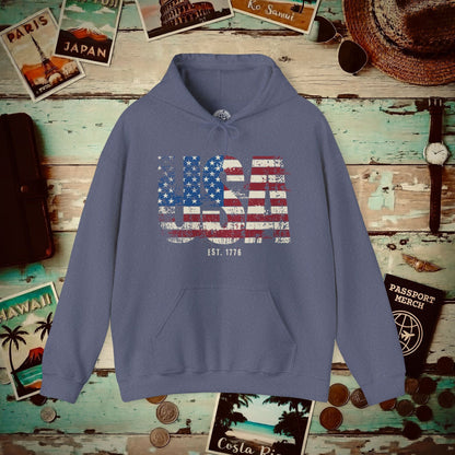 Vintage Distressed USA Letter Flag Hoodie Heather Navy / S
