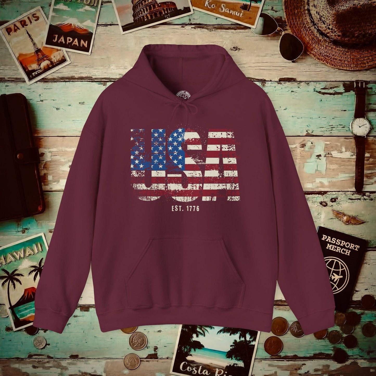 Vintage Distressed USA Letter Flag Hoodie Maroon / S