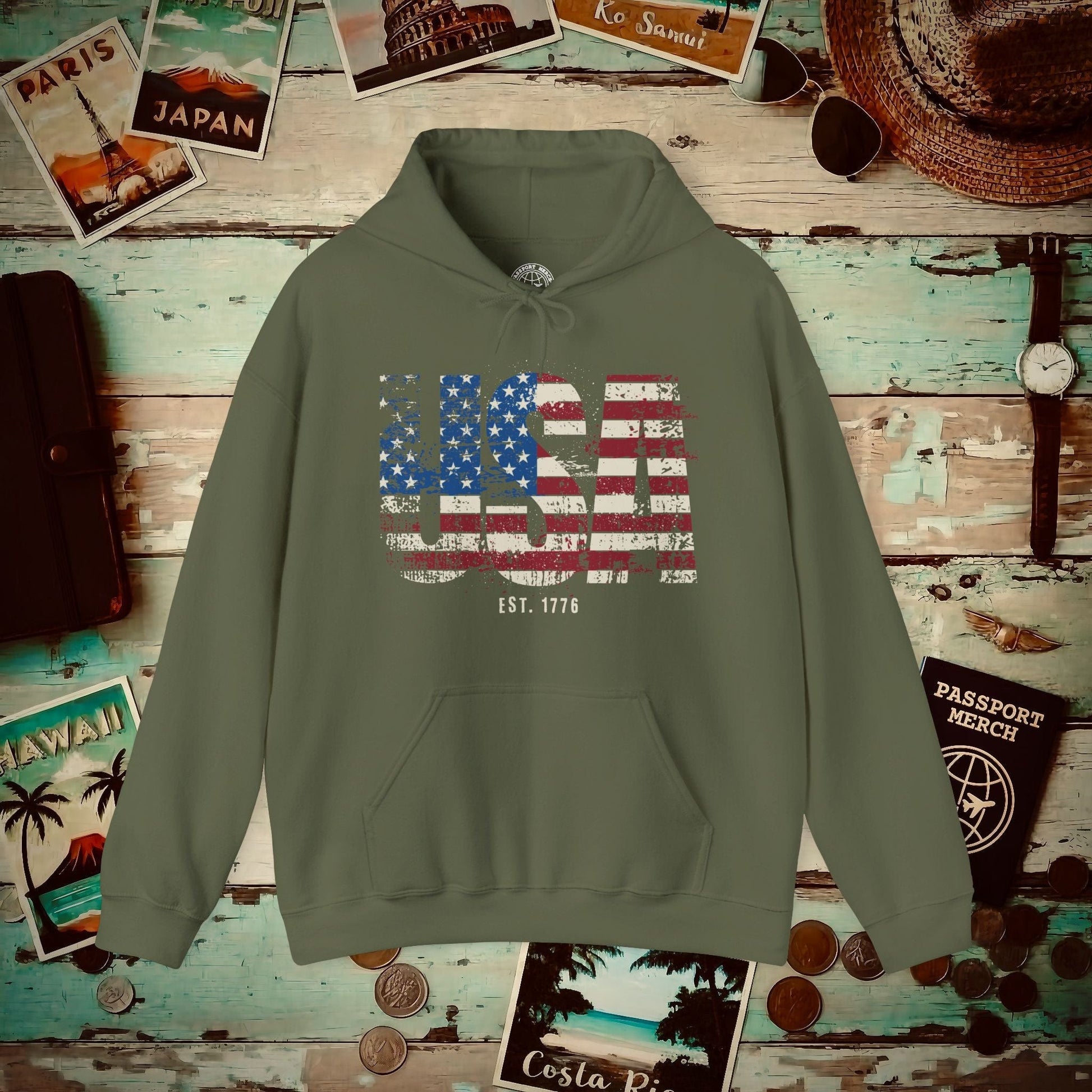 Vintage Distressed USA Letter Flag Hoodie Military Green / S