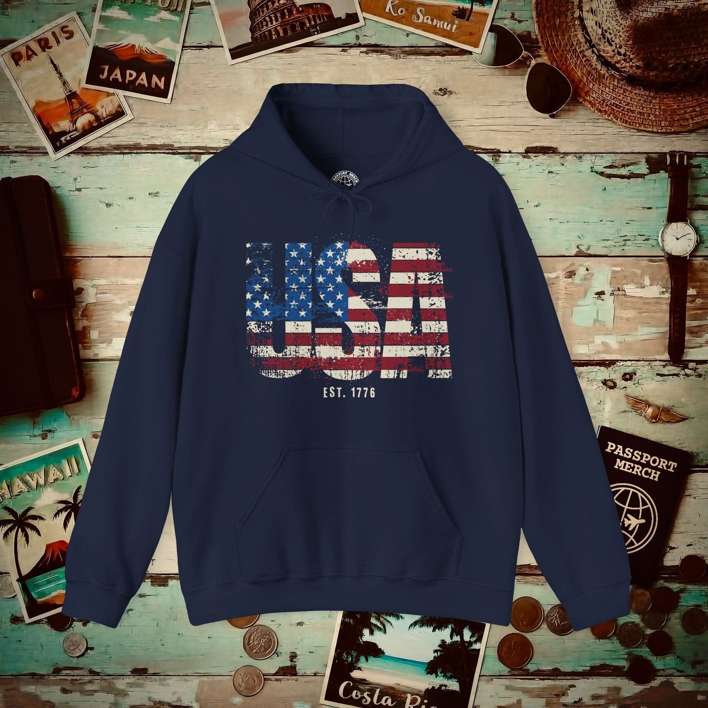 Vintage Distressed USA Letter Flag Hoodie Navy / S