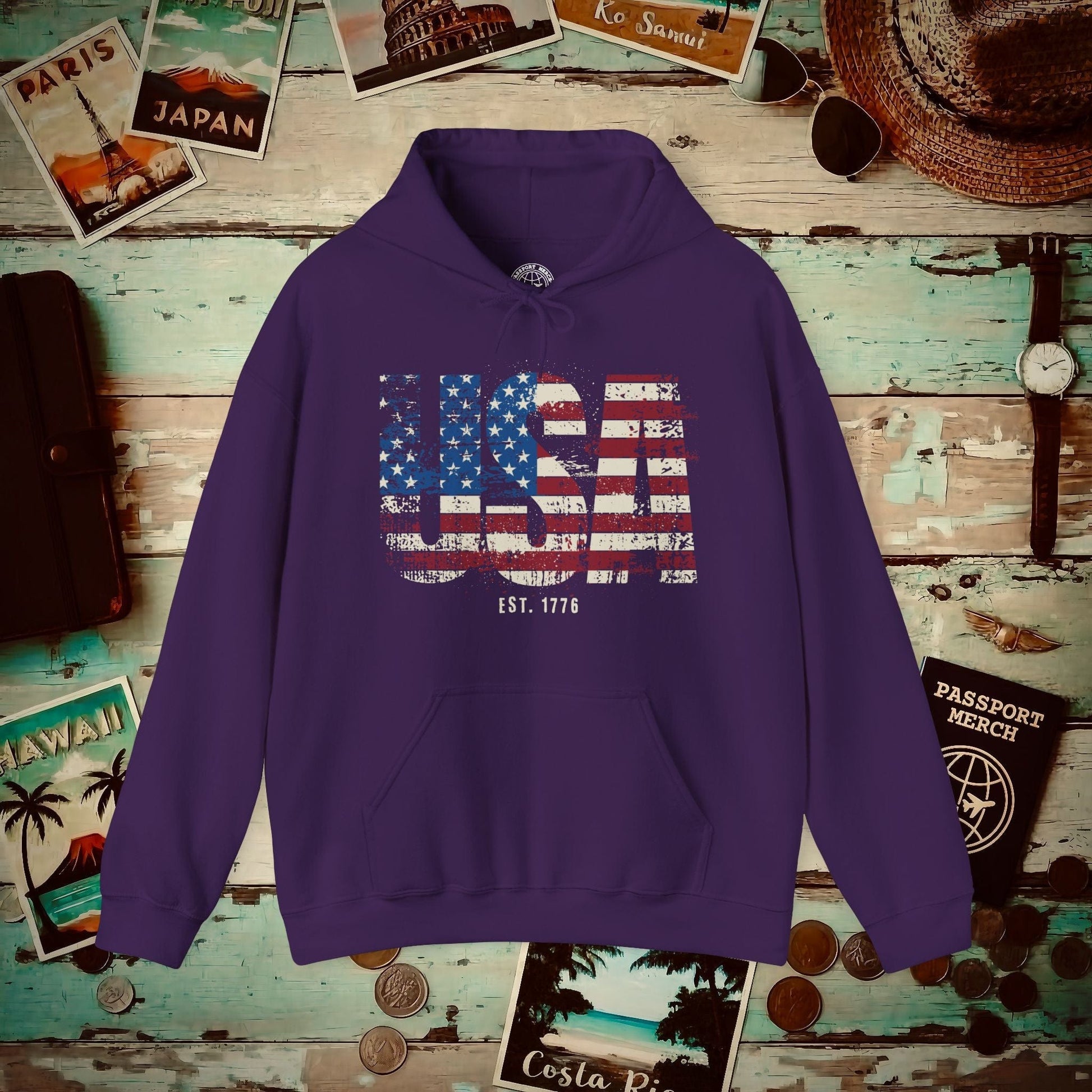 Vintage Distressed USA Letter Flag Hoodie Purple / S