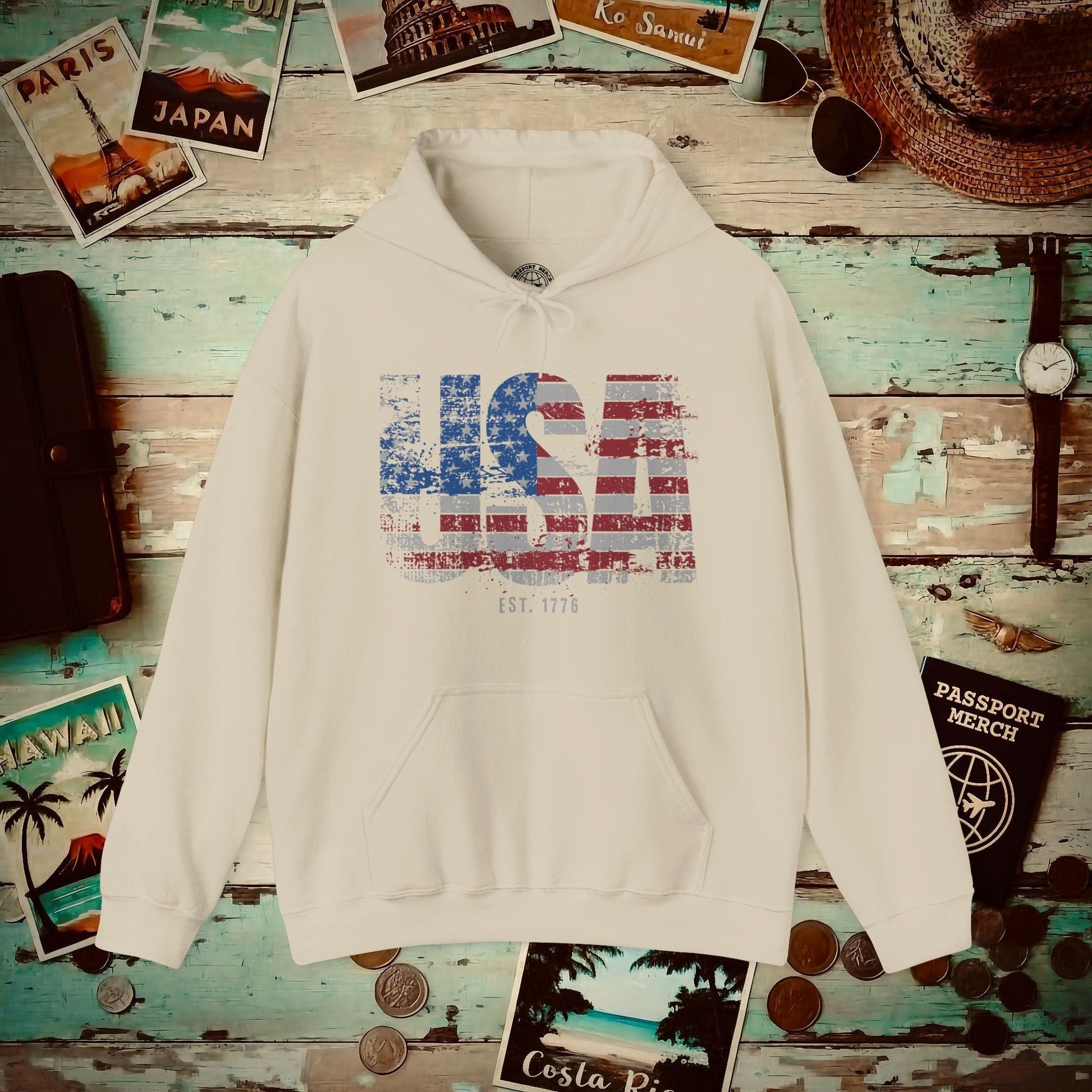 Vintage Distressed USA Letter Flag Hoodie Sand / S