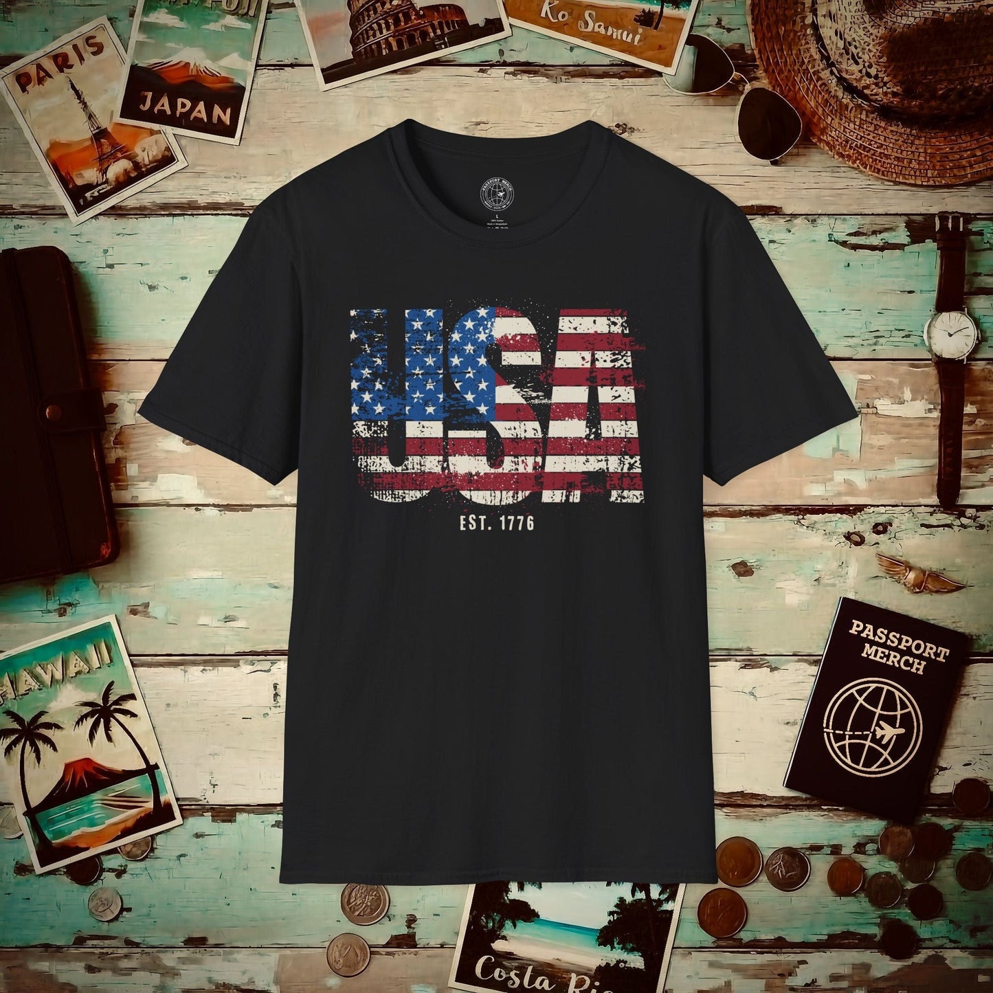 Vintage Distressed USA Letter Flag T-Shirt Black / S
