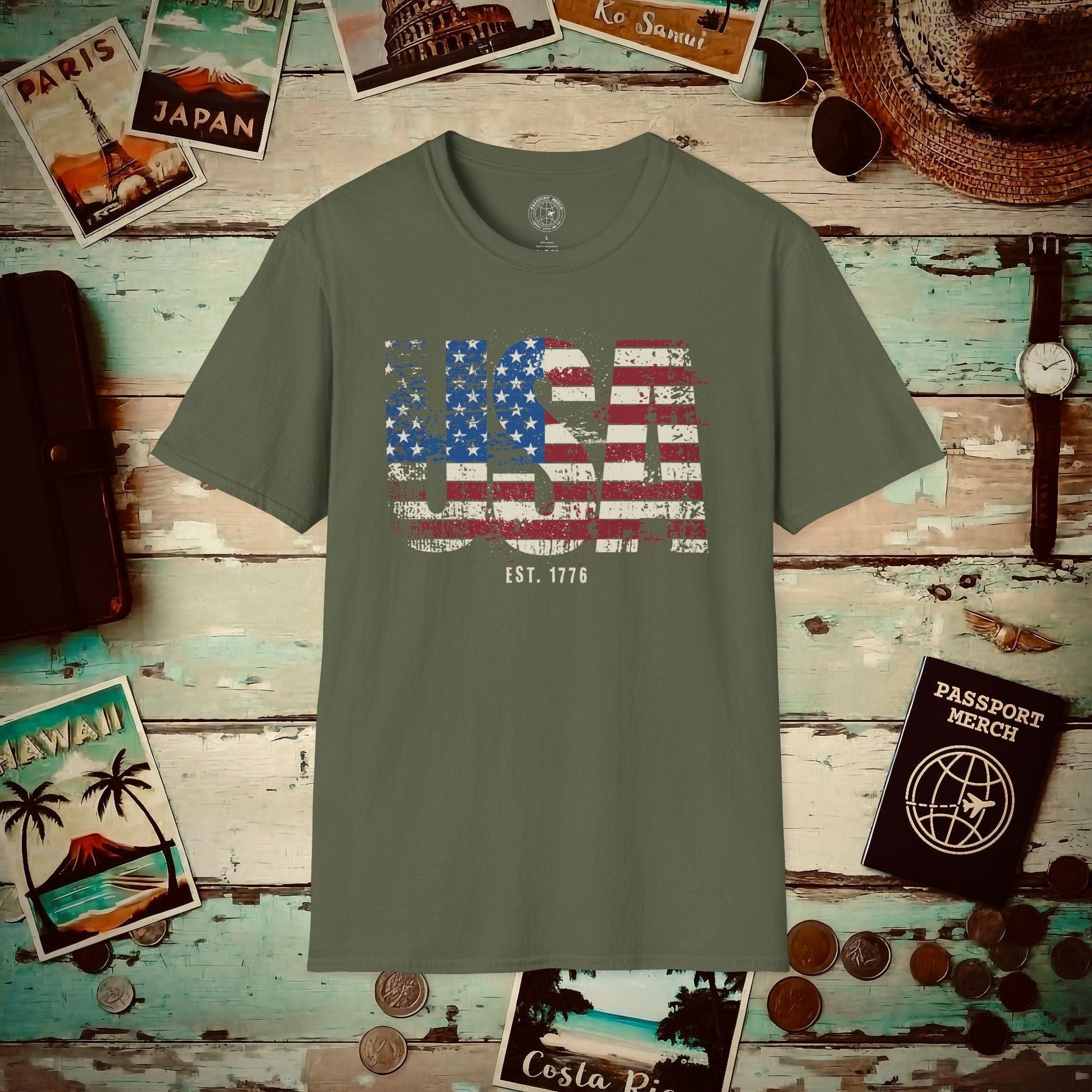 Vintage Distressed USA Letter Flag T-Shirt Military Green / S