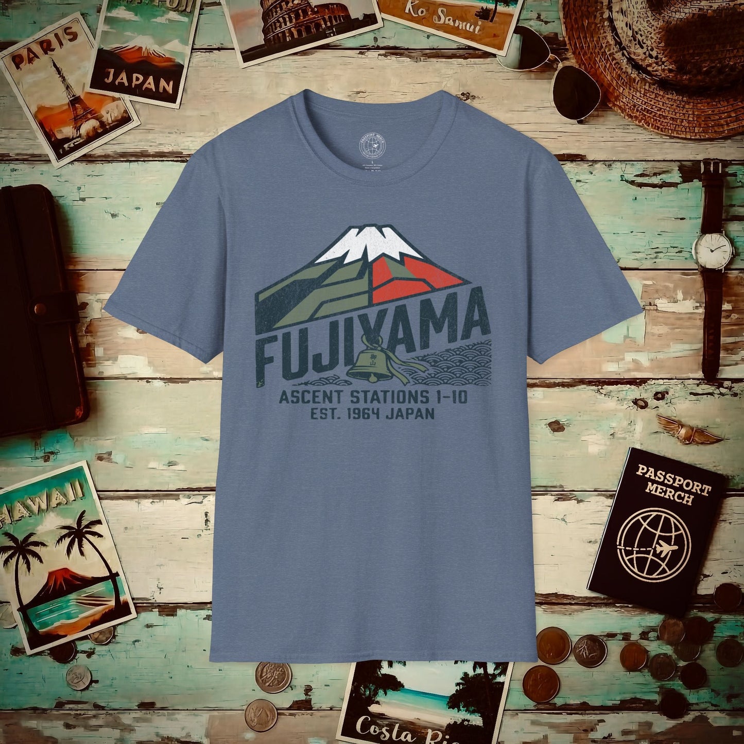 Vintage Fujiyama Geometric Ascent, Japan T-Shirt Heather Indigo / S
