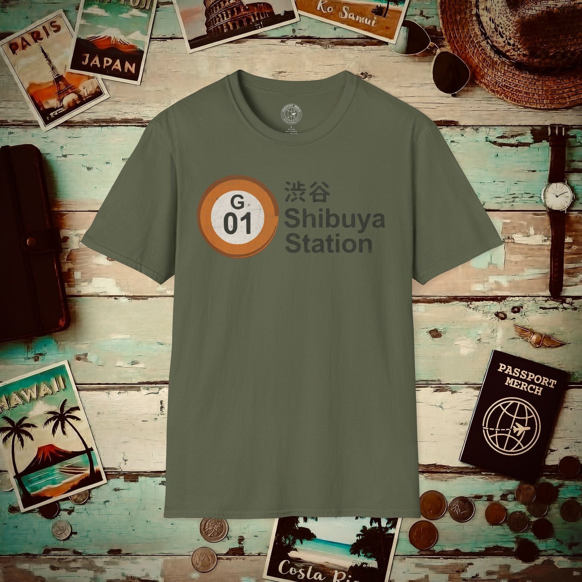 Vintage Ginza Line G-01 Shibuya Station, Japan T-Shirt Military Green / S