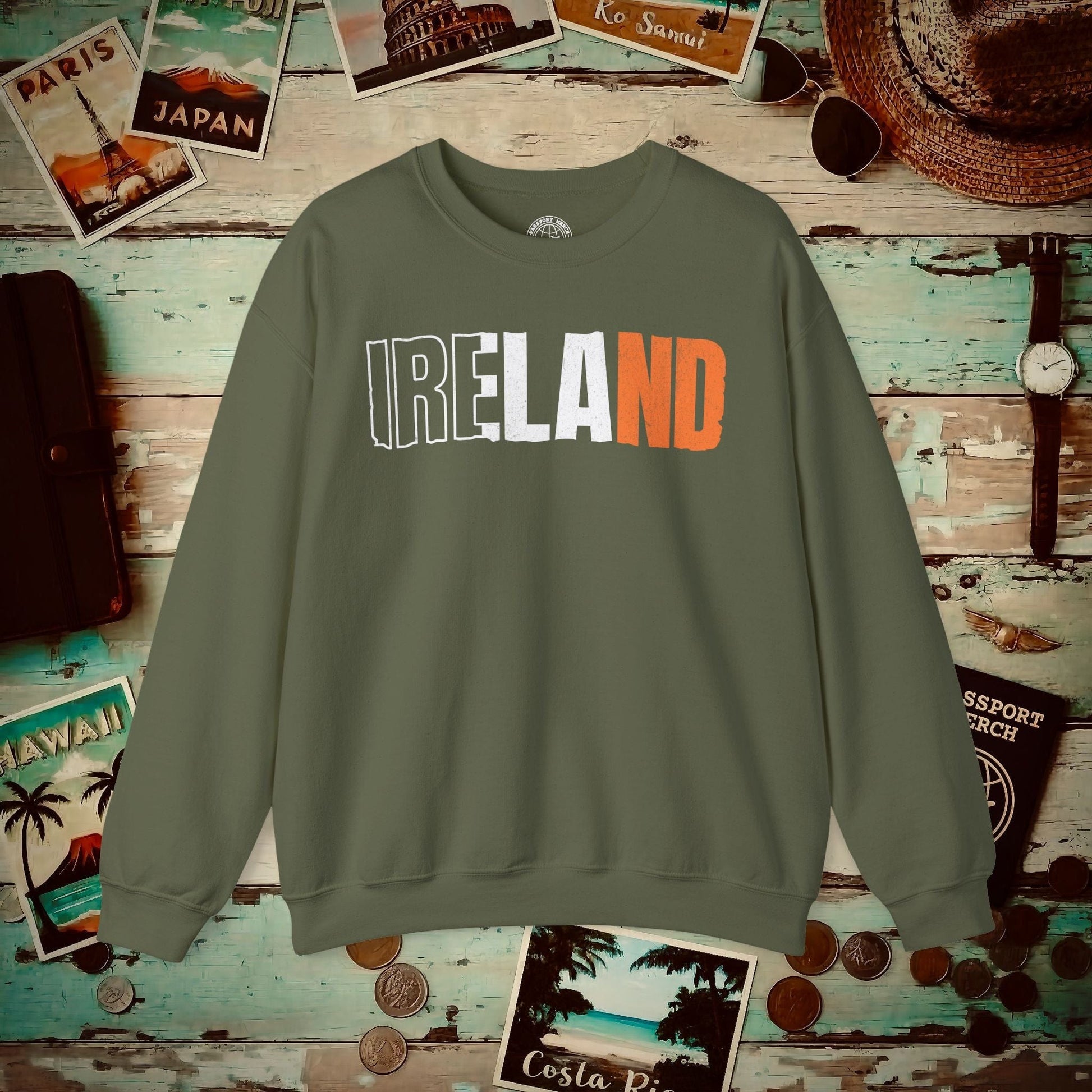 Vintage Ireland Patriotism Letter Flag Crewneck Military Green / S