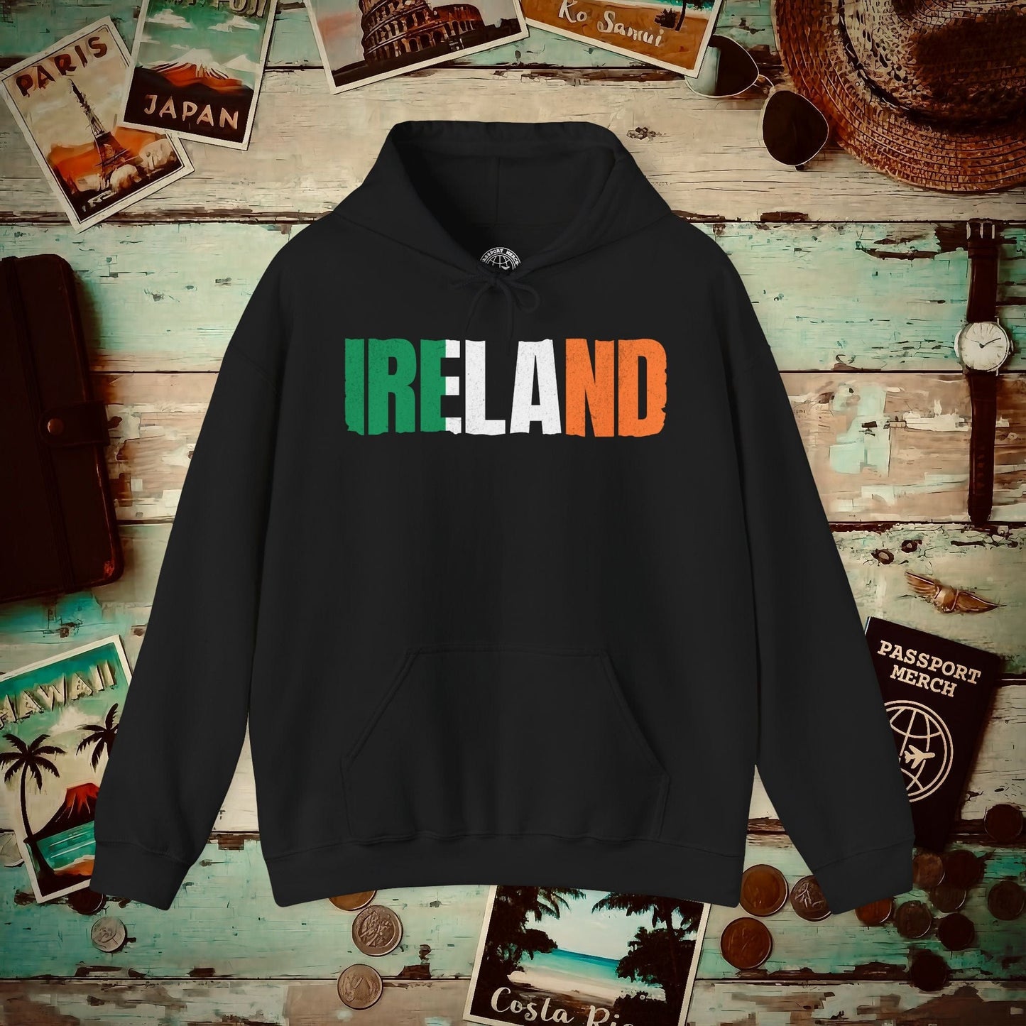 Vintage Ireland Patriotism Letter Flag Hoodie Black / S