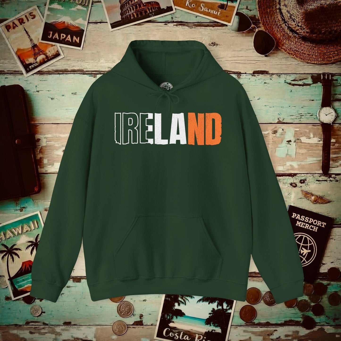 Vintage Ireland Patriotism Letter Flag Hoodie Forest Green / S