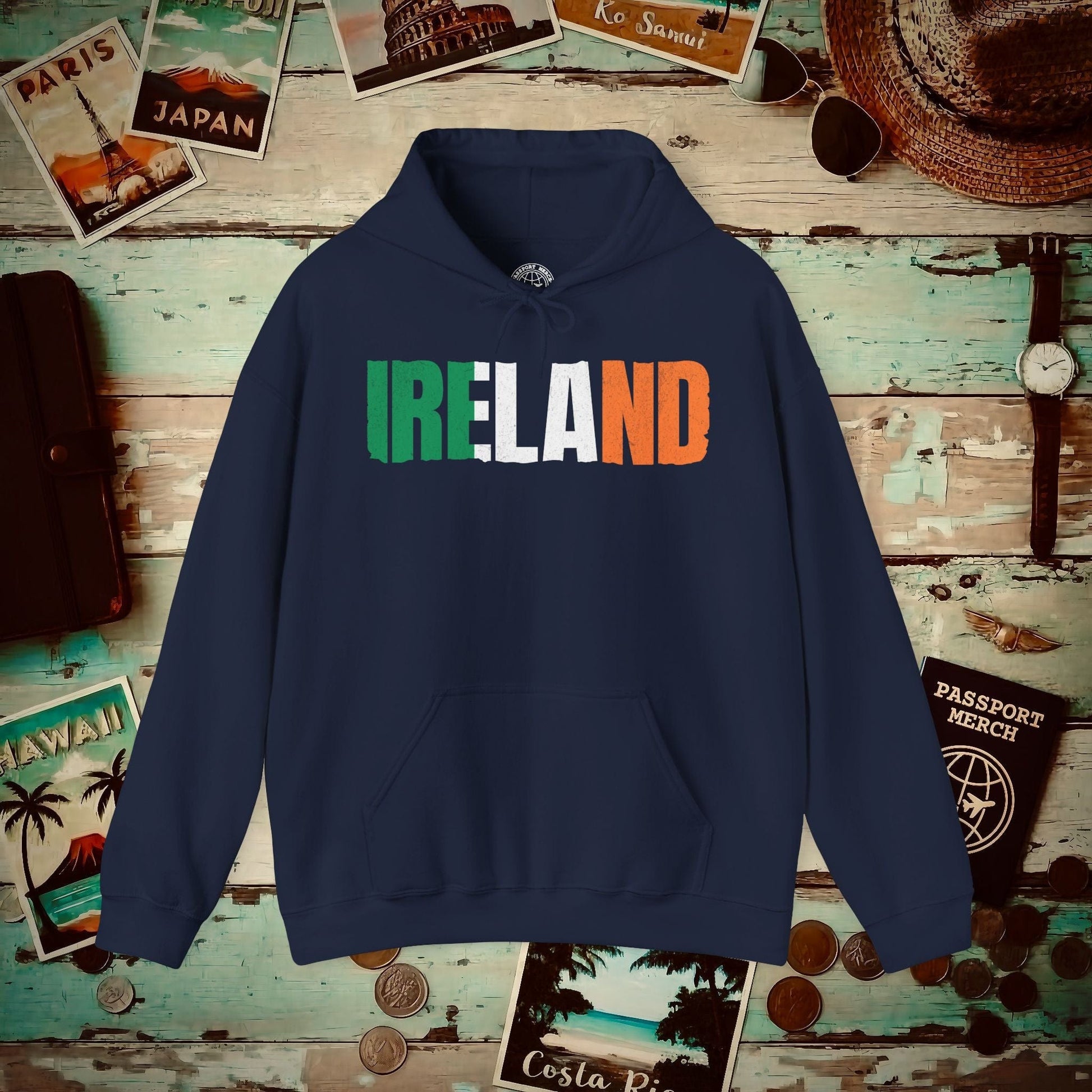 Vintage Ireland Patriotism Letter Flag Hoodie Navy / S