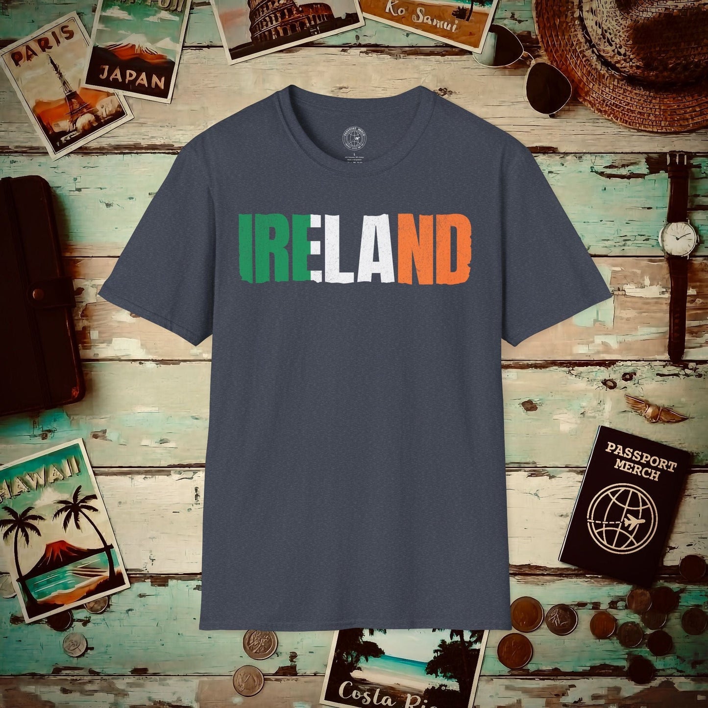 Vintage Ireland Patriotism Letter Flag T-Shirt Heather Navy / S