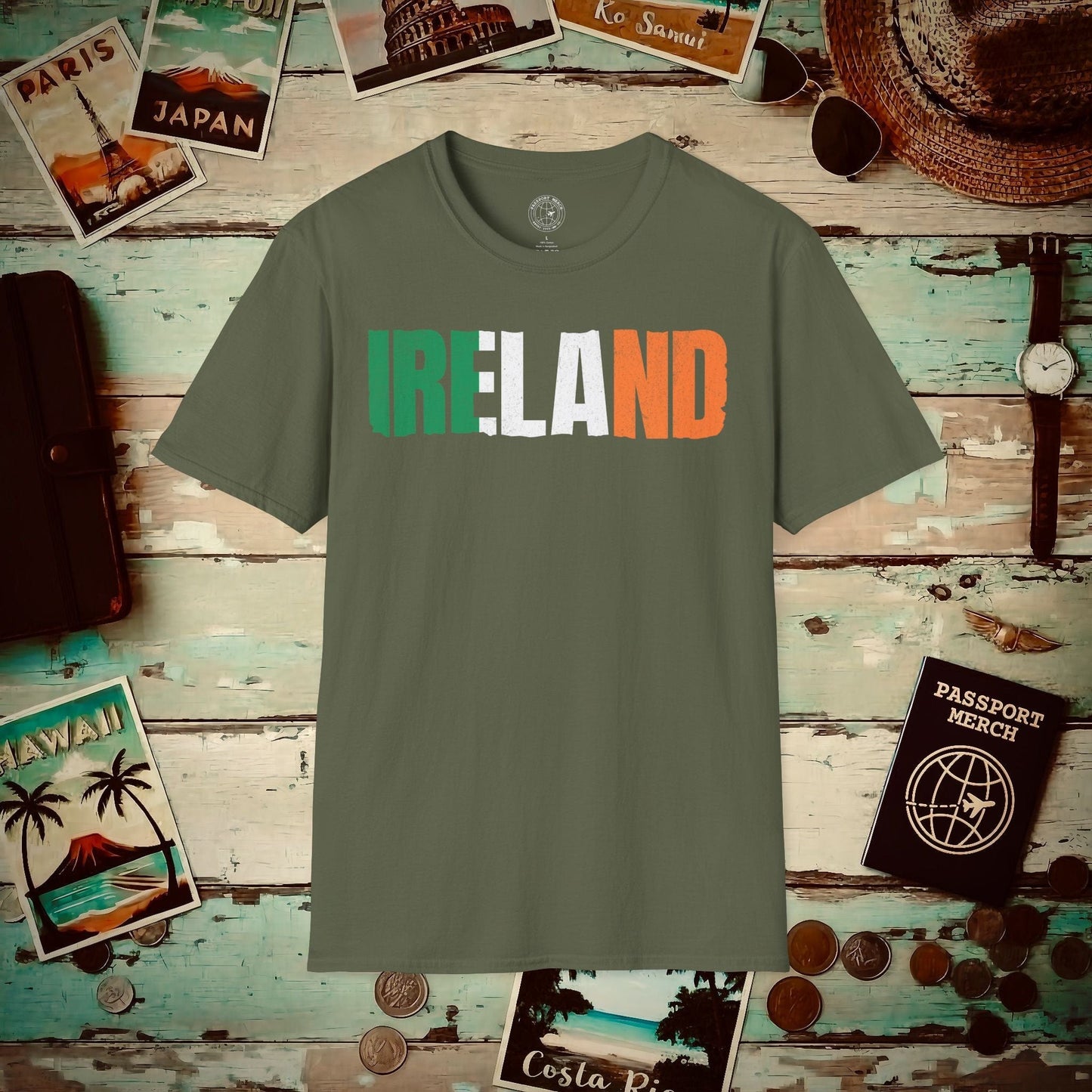 Vintage Ireland Patriotism Letter Flag T-Shirt Military Green / S