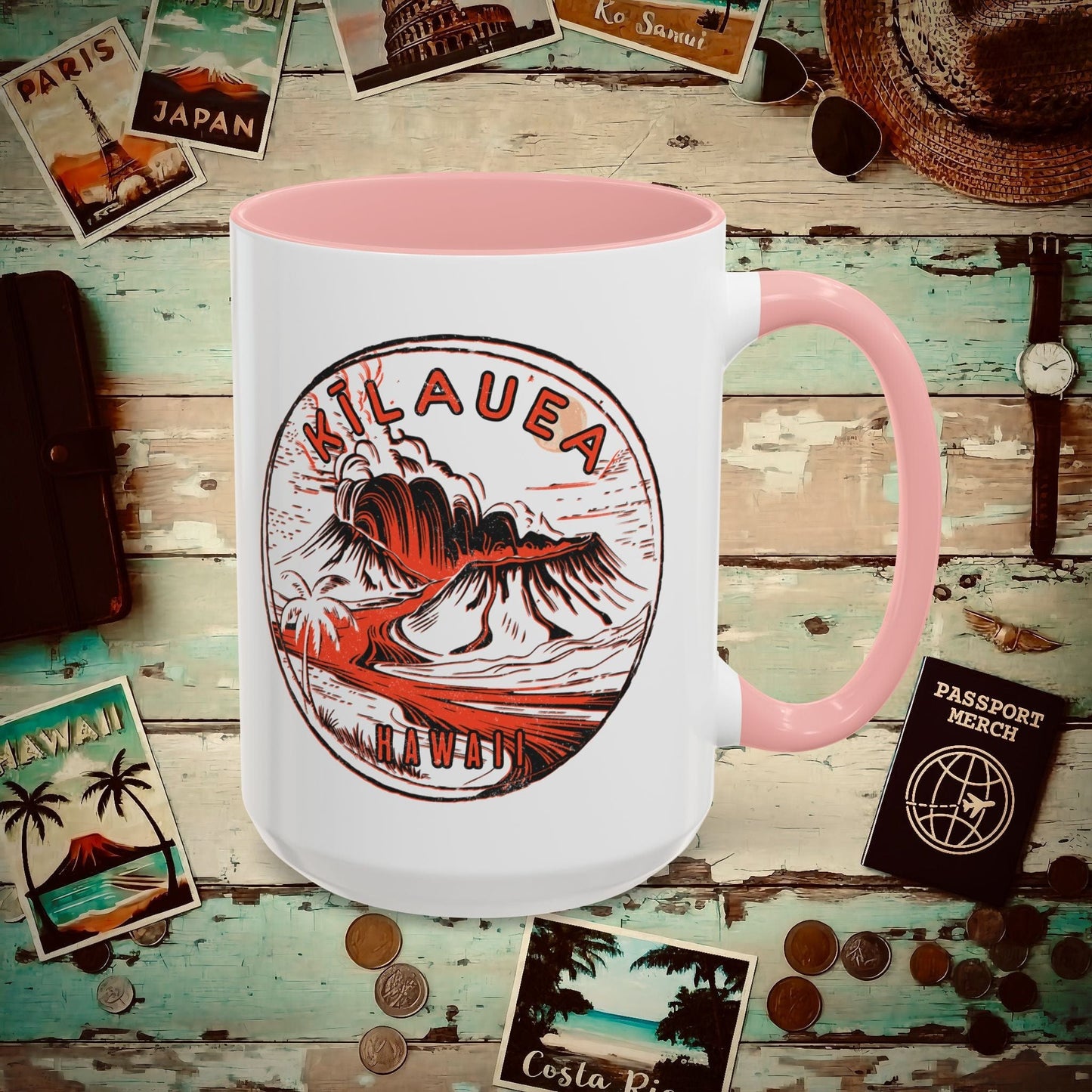 Vintage Kilauea Eruption, Hawaii 15oz Mug Pink / 15oz