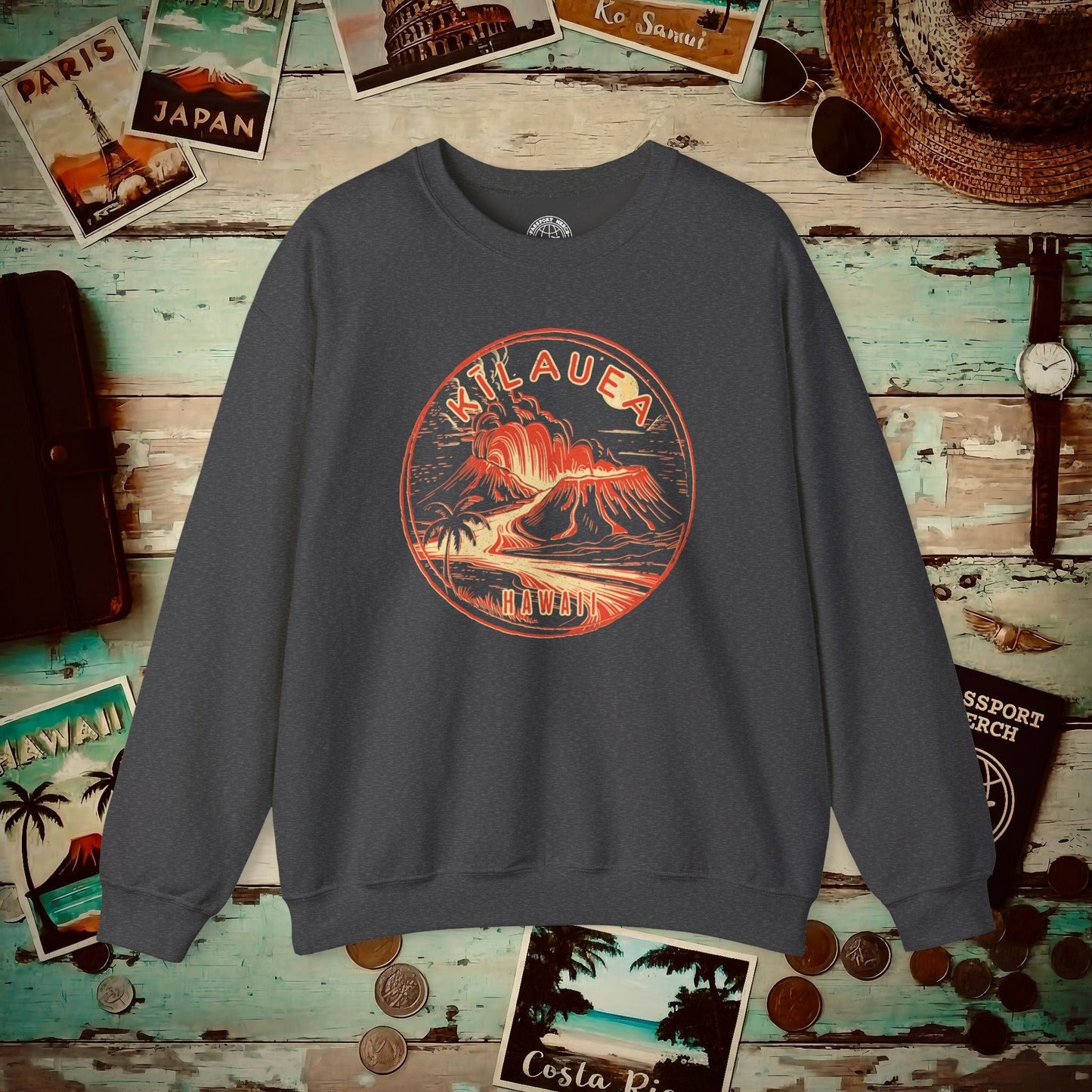 Vintage Kilauea Eruption, Hawaii Crewneck Dark Heather / S