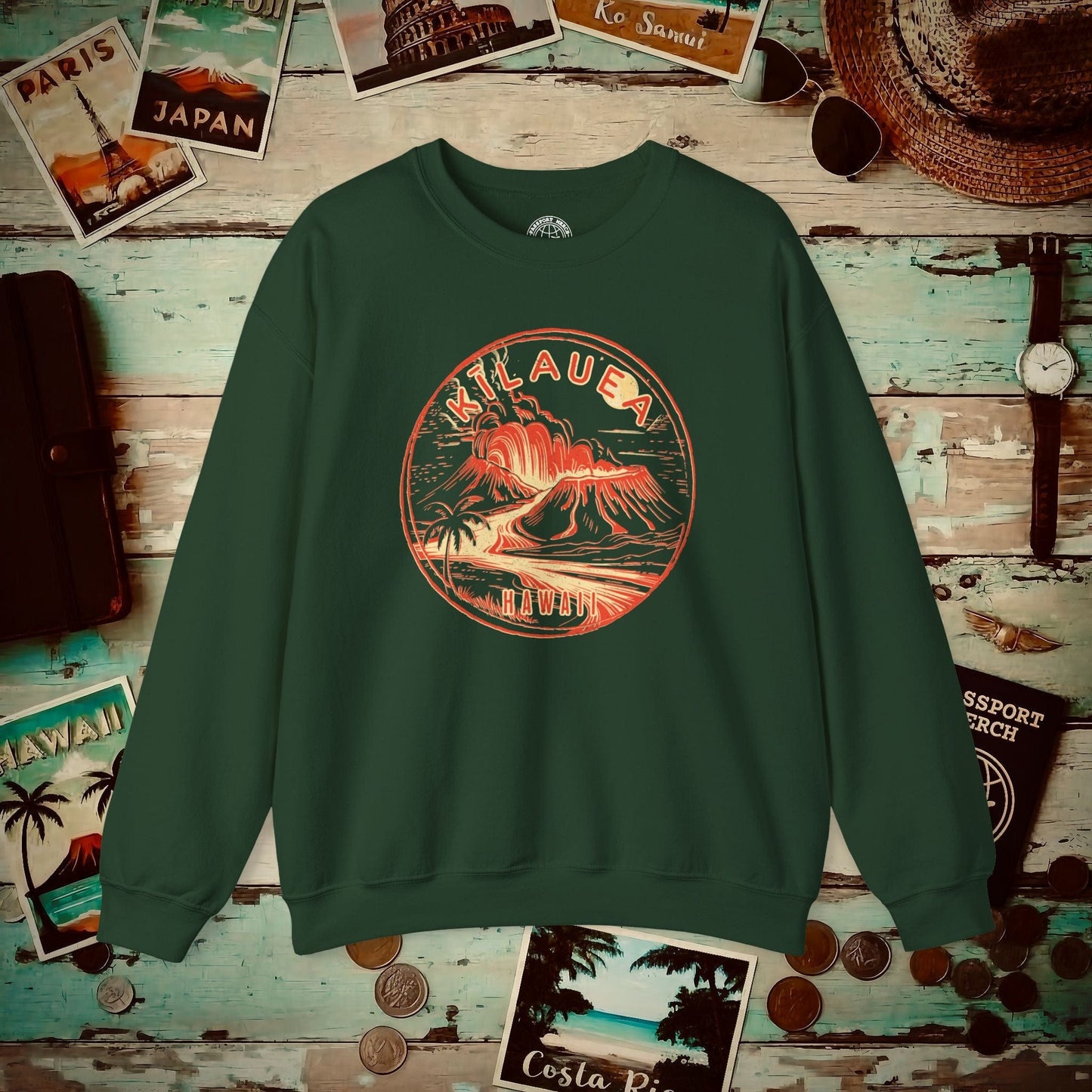 Vintage Kilauea Eruption, Hawaii Crewneck Forest Green / S
