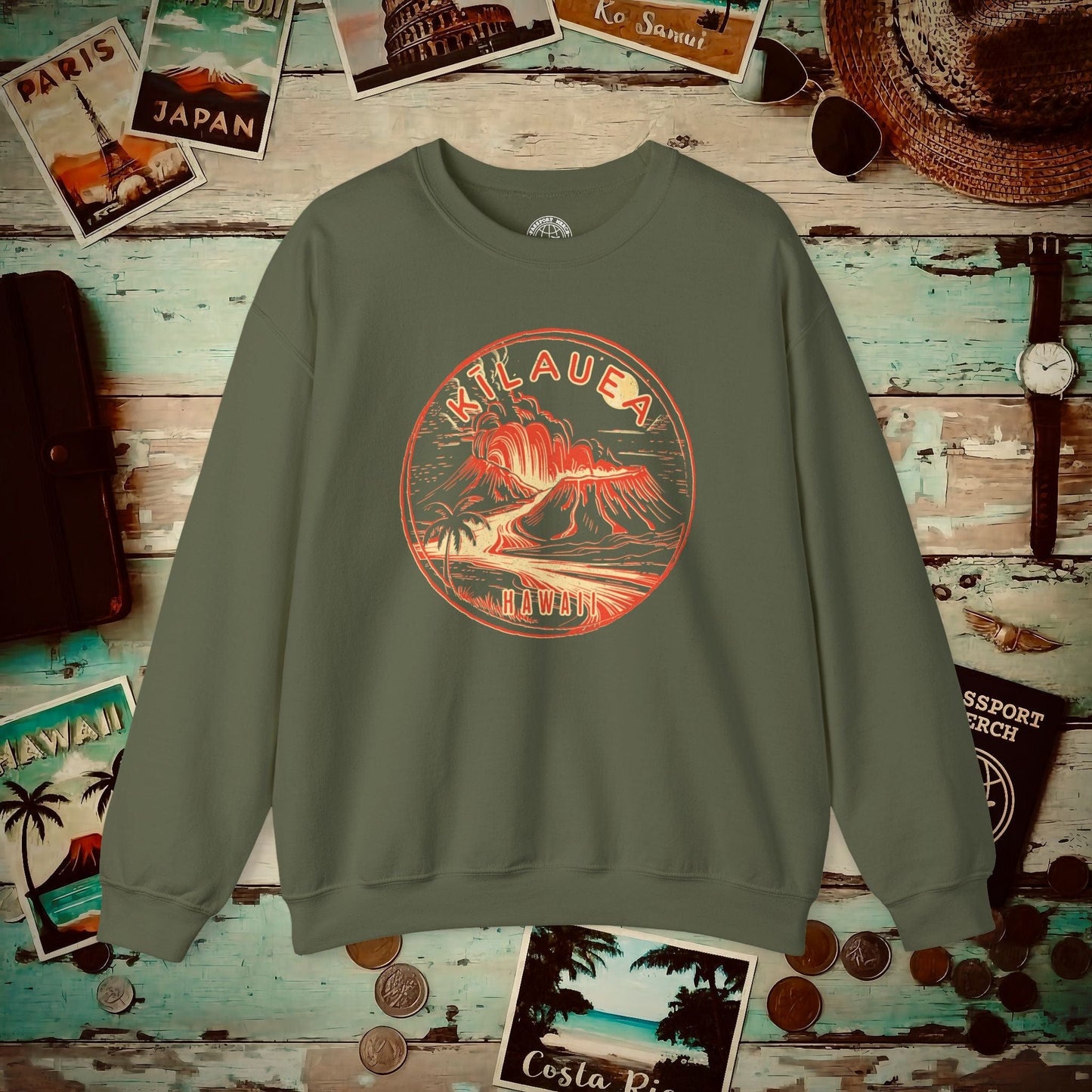 Vintage Kilauea Eruption, Hawaii Crewneck Military Green / S
