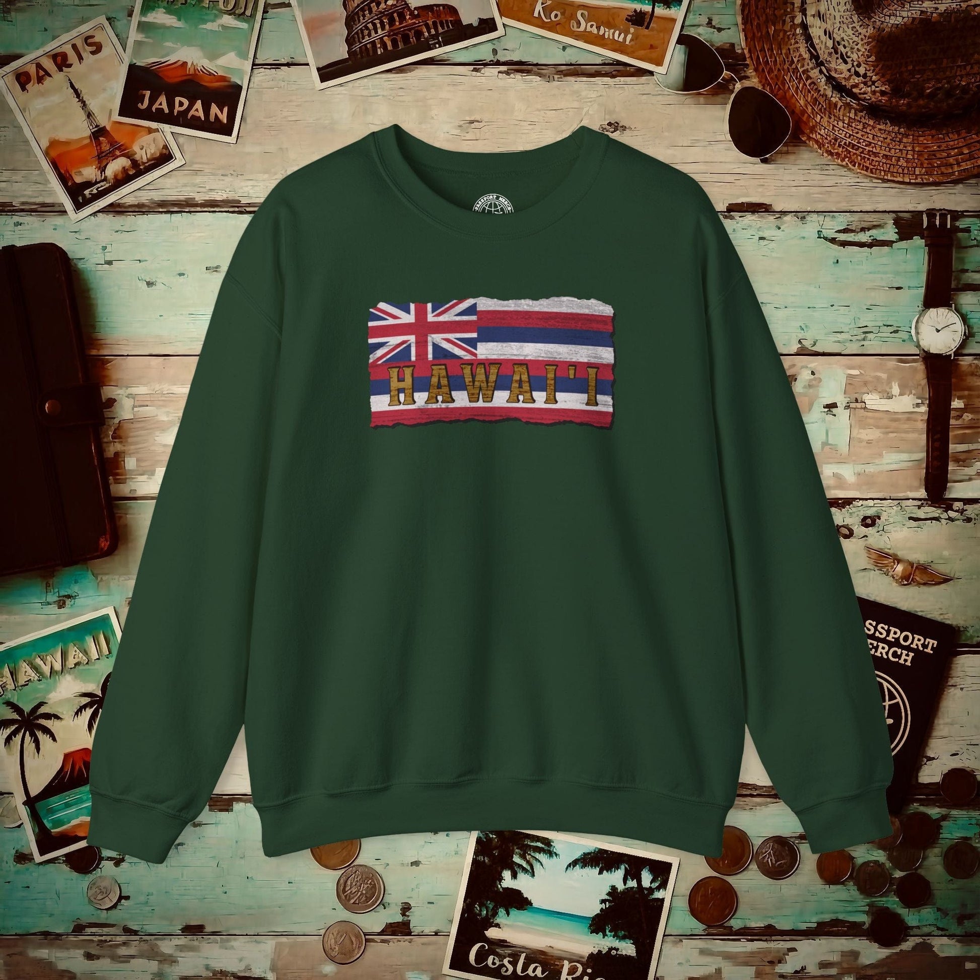 Vintage Koa Wood Carved Hawaiian Flag Crewneck Forest Green / S