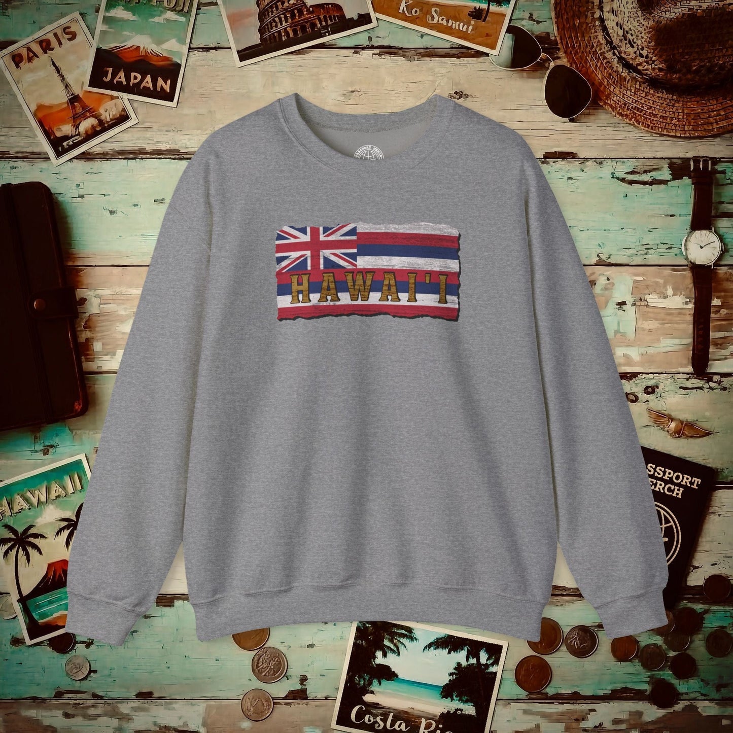 Vintage Koa Wood Carved Hawaiian Flag Crewneck Graphite Heather / S