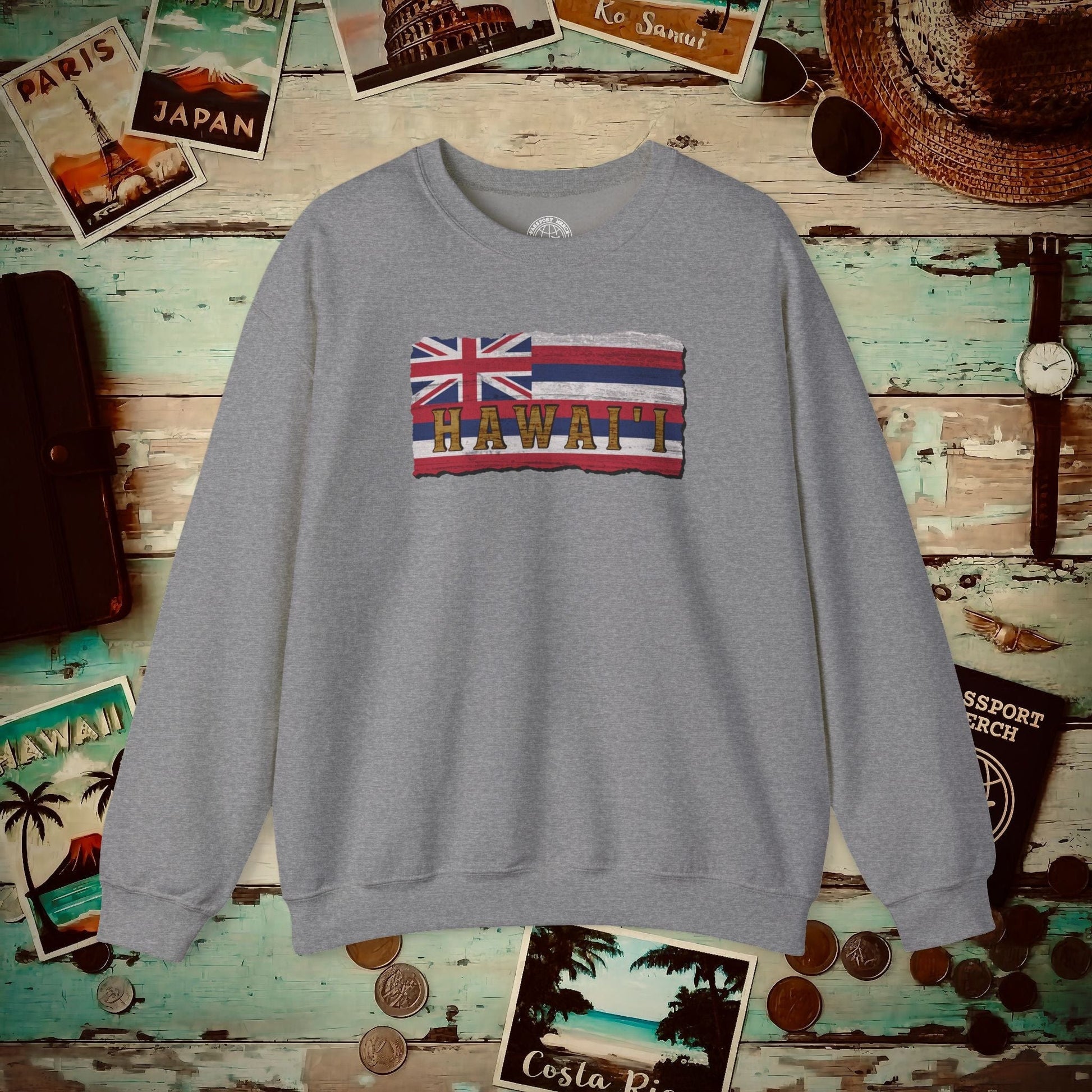 Vintage Koa Wood Carved Hawaiian Flag Crewneck Graphite Heather / S