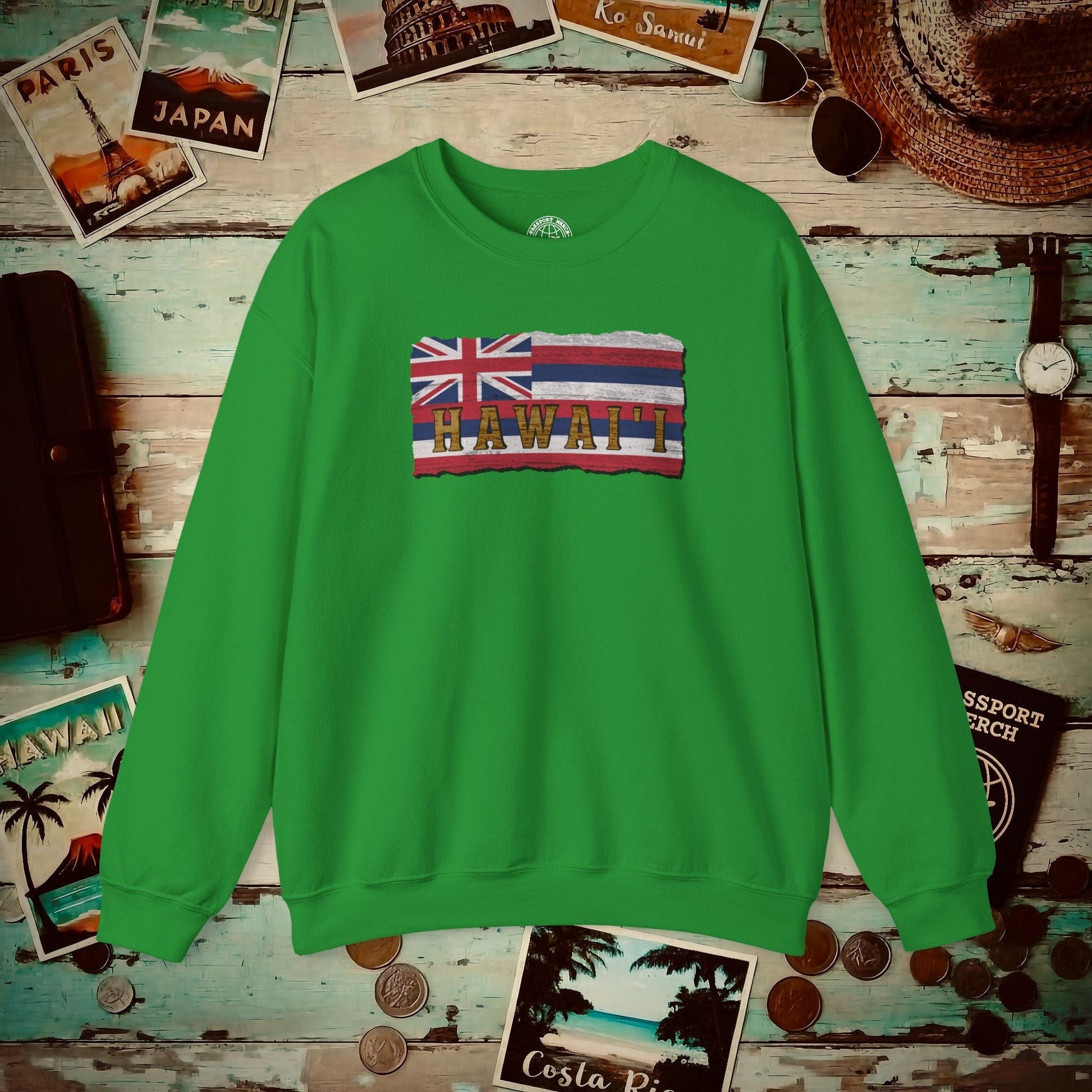 Vintage Koa Wood Carved Hawaiian Flag Crewneck Irish Green / S