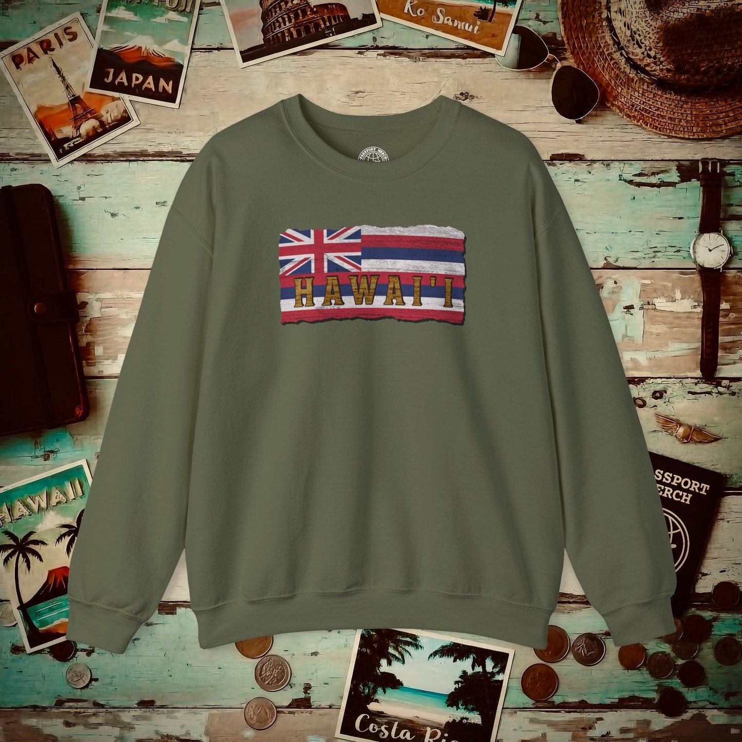 Vintage Koa Wood Carved Hawaiian Flag Crewneck Military Green / S
