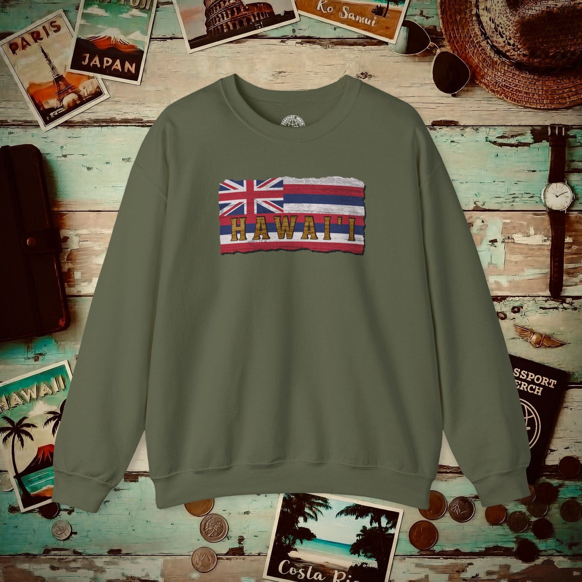Vintage Koa Wood Carved Hawaiian Flag Crewneck Military Green / S