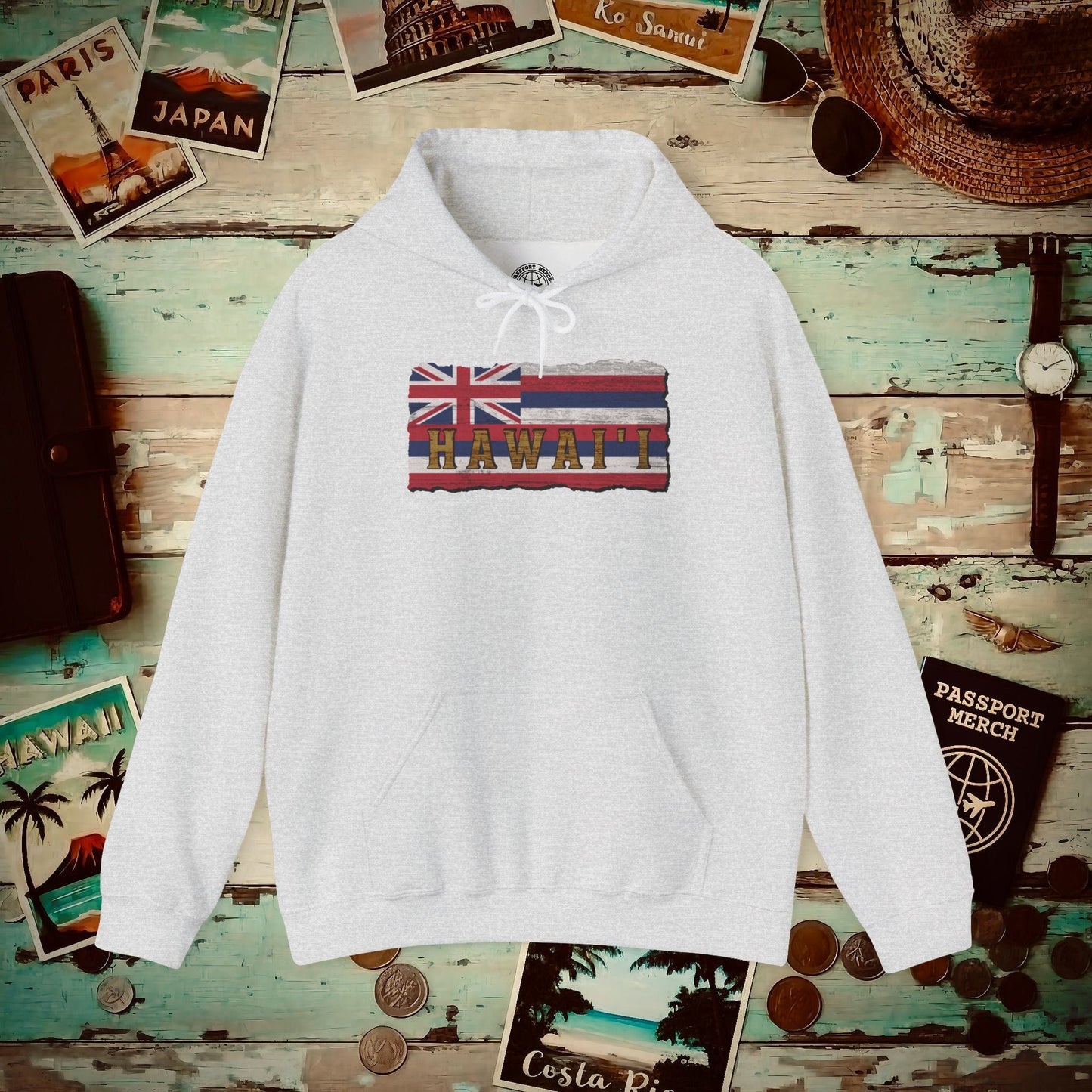 Vintage Koa Wood Carved Hawaiian Flag Hoodie Ash / S