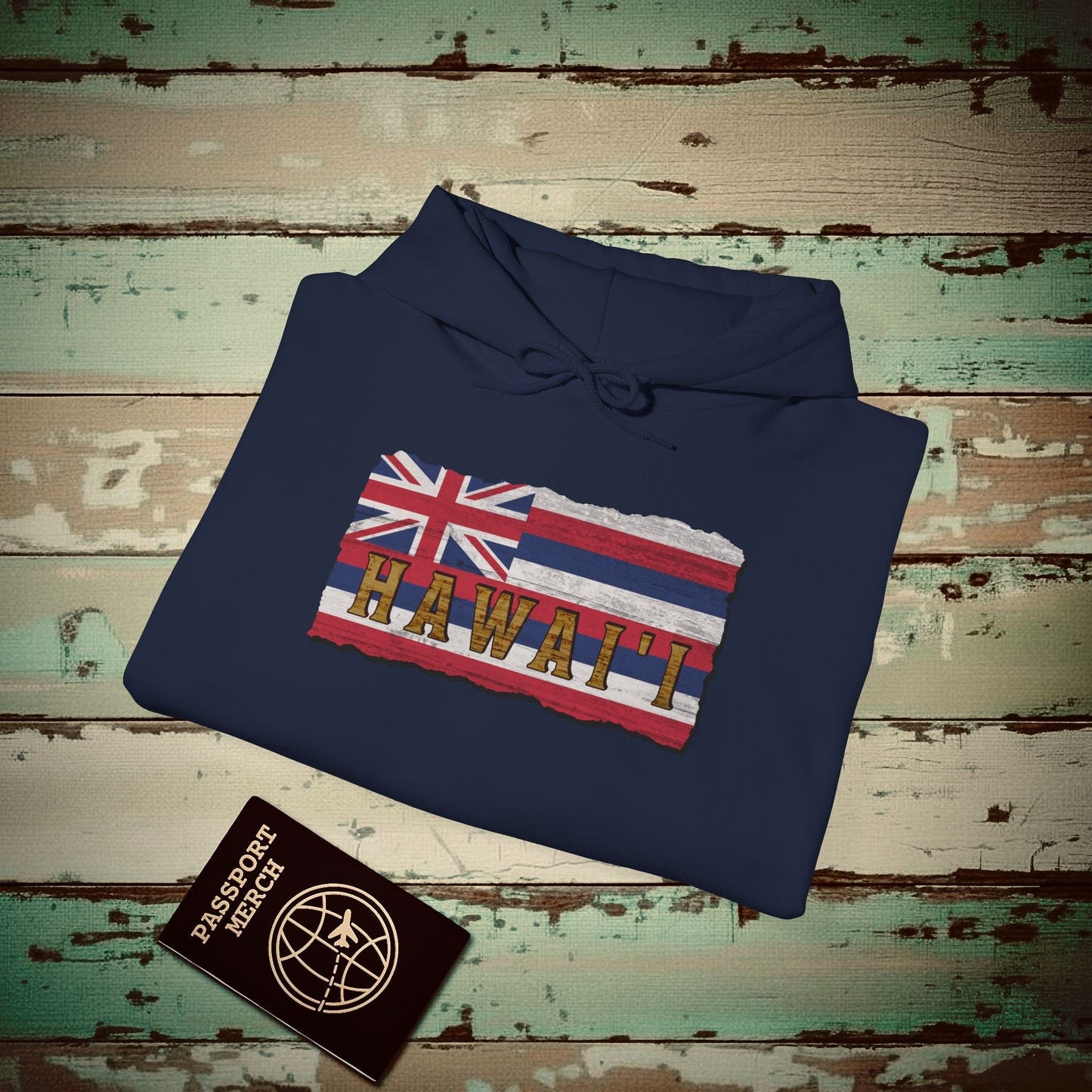 Vintage Koa Wood Carved Hawaiian Flag Hoodie Navy / S