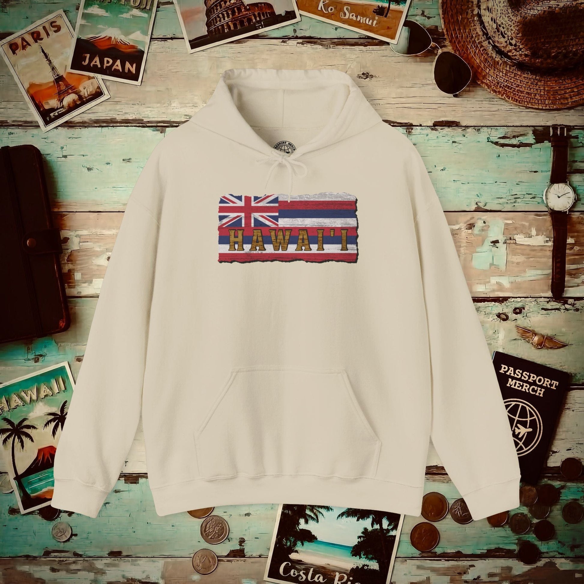 Vintage Koa Wood Carved Hawaiian Flag Hoodie Sand / S