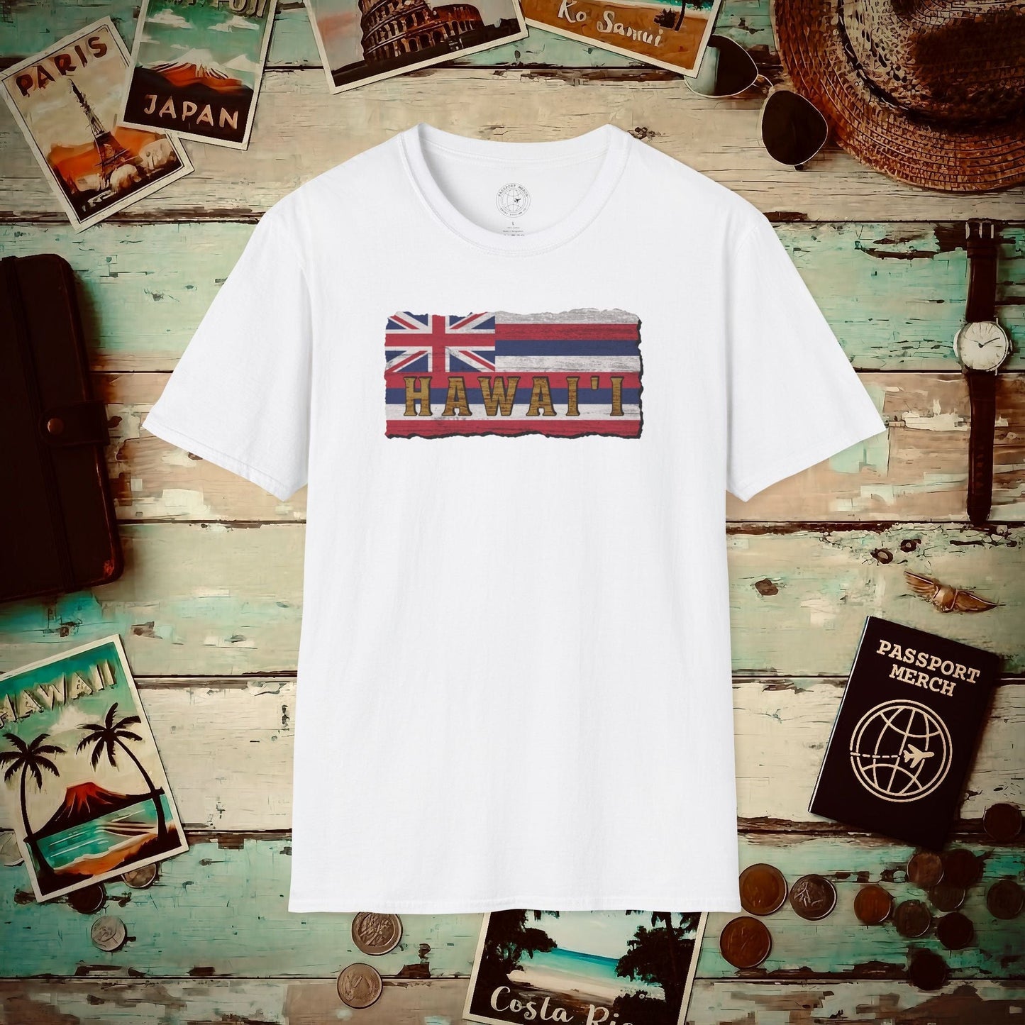 Vintage Koa Wood Carved Hawaiian Flag T-Shirt White / S