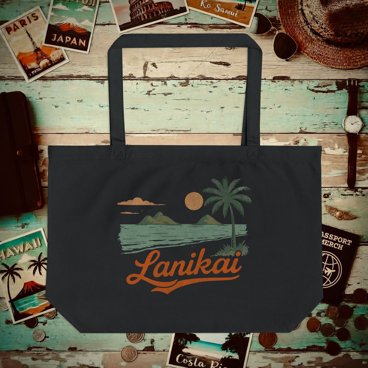 Vintage Lanikai, Oahu, Hawaii Organic Tote Black / One size