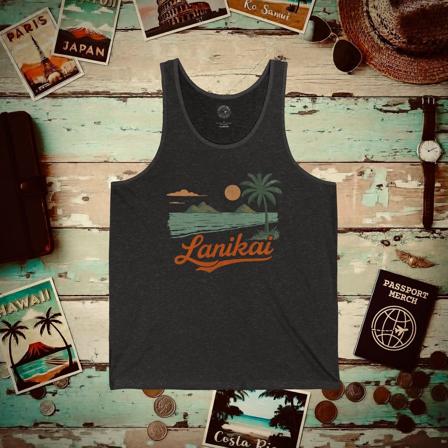 Vintage Lanikai, Oahu, Hawaii Tank Top Charcoal Black TriBlend / XS