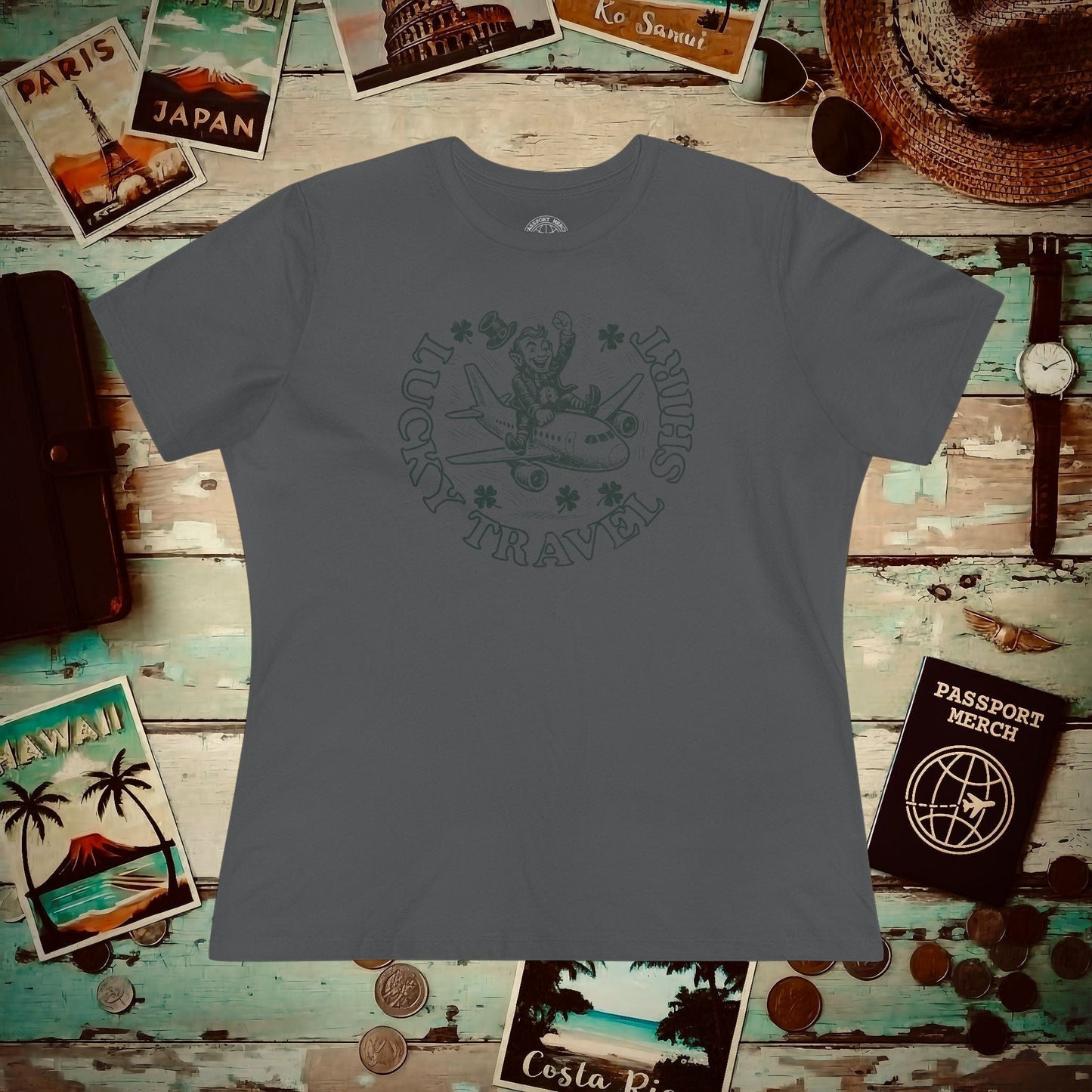 Vintage Lucky Leprechaun Travel Womens Fit T-Shirt Asphalt / S