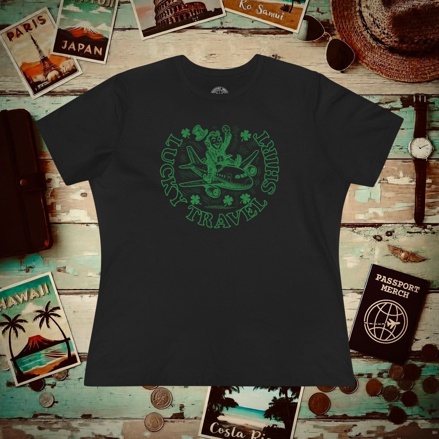 Vintage Lucky Leprechaun Travel Womens Fit T-Shirt Black / S