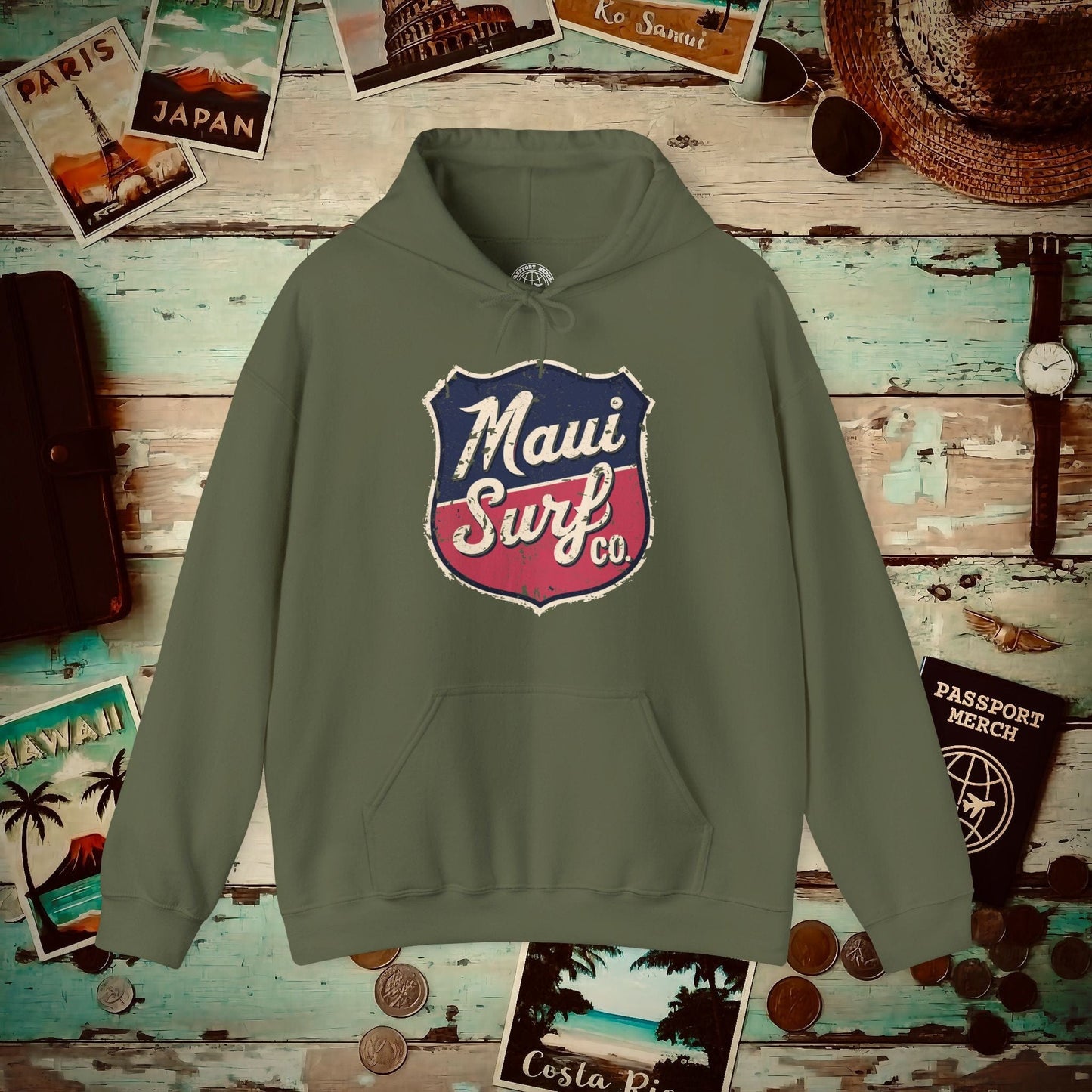 Vintage Maui Surf Co. Shield Hawaii Hoodie Military Green / S