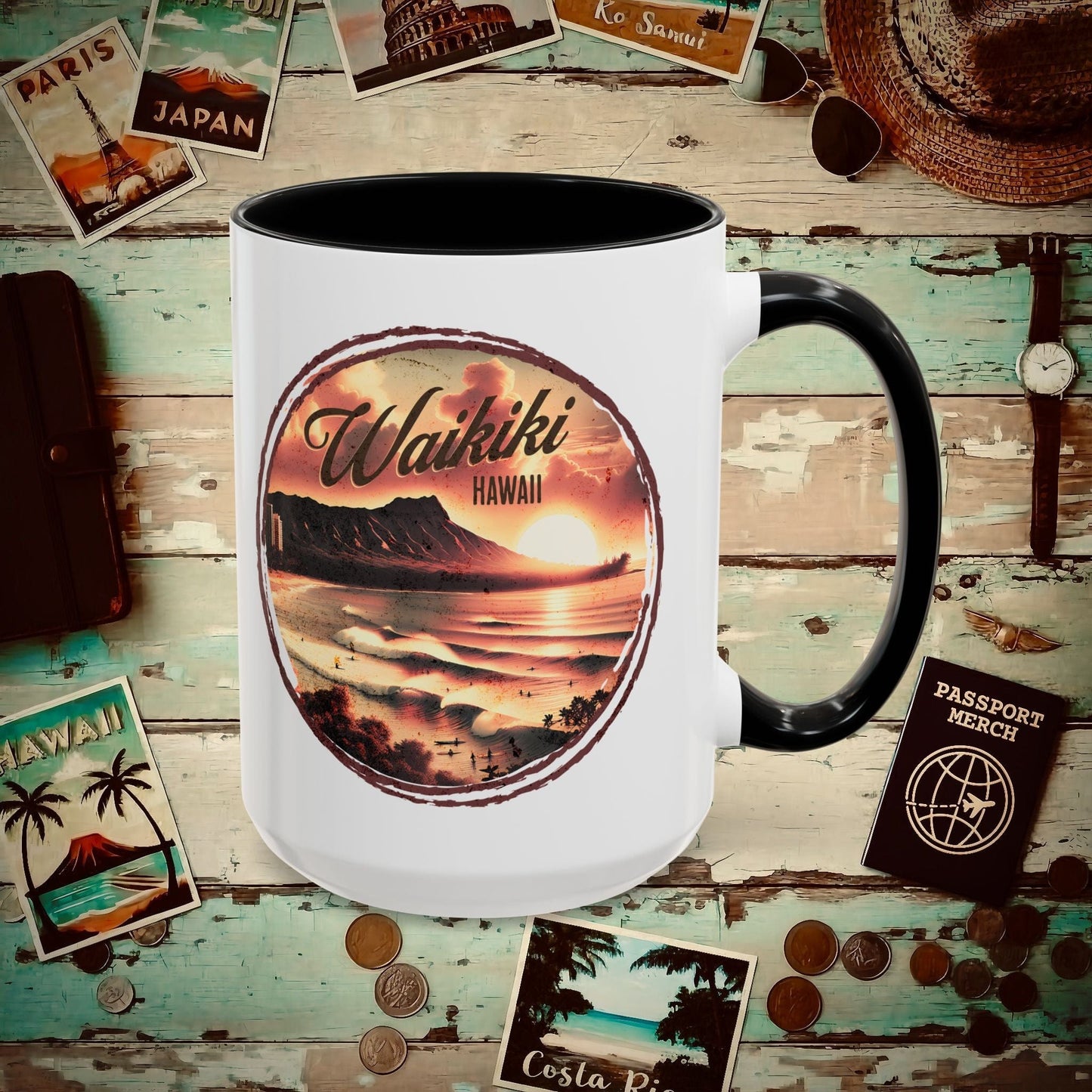 Vintage Nostalgia, Waikiki, Hawaii 15oz Mug Black / 15oz