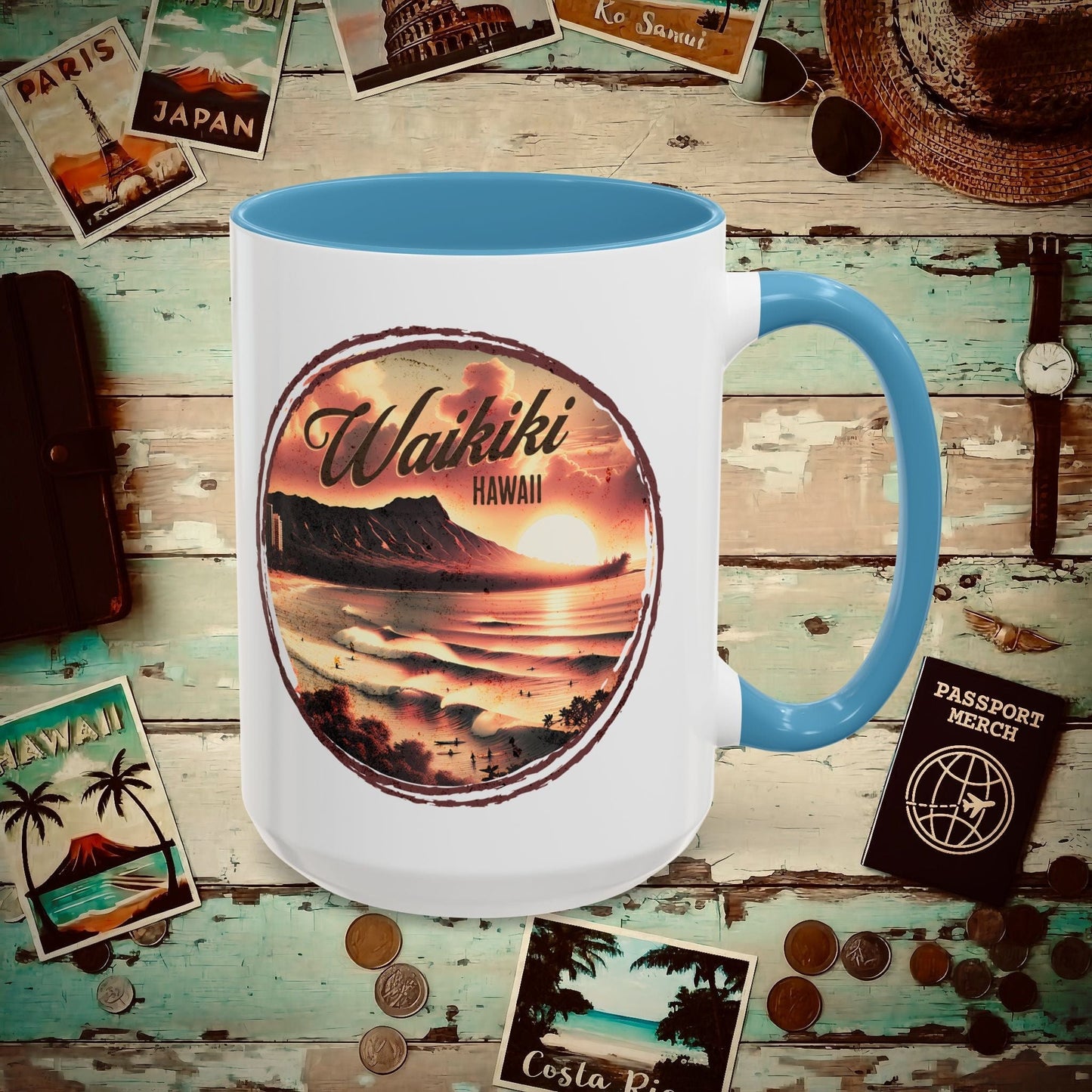 Vintage Nostalgia, Waikiki, Hawaii 15oz Mug Light Blue / 15oz