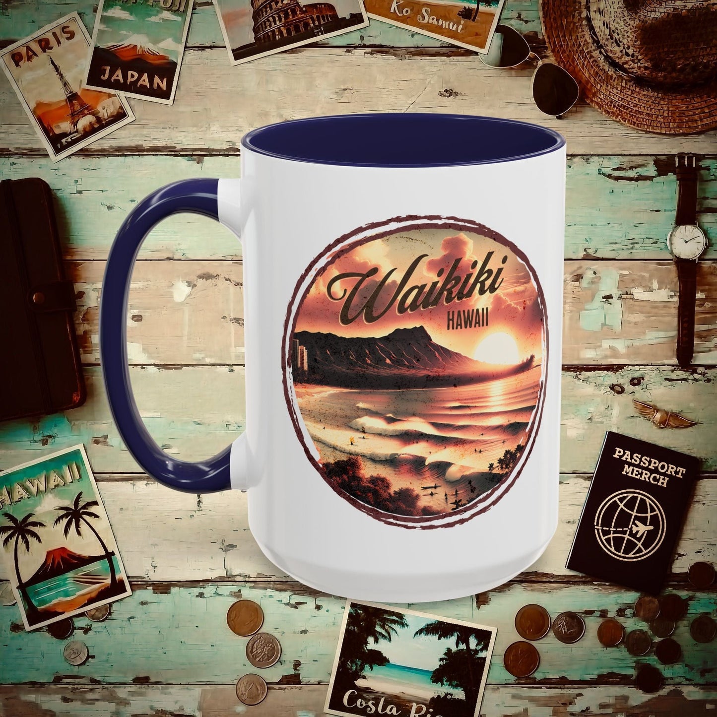 Vintage Nostalgia, Waikiki, Hawaii 15oz Mug Navy / 15oz