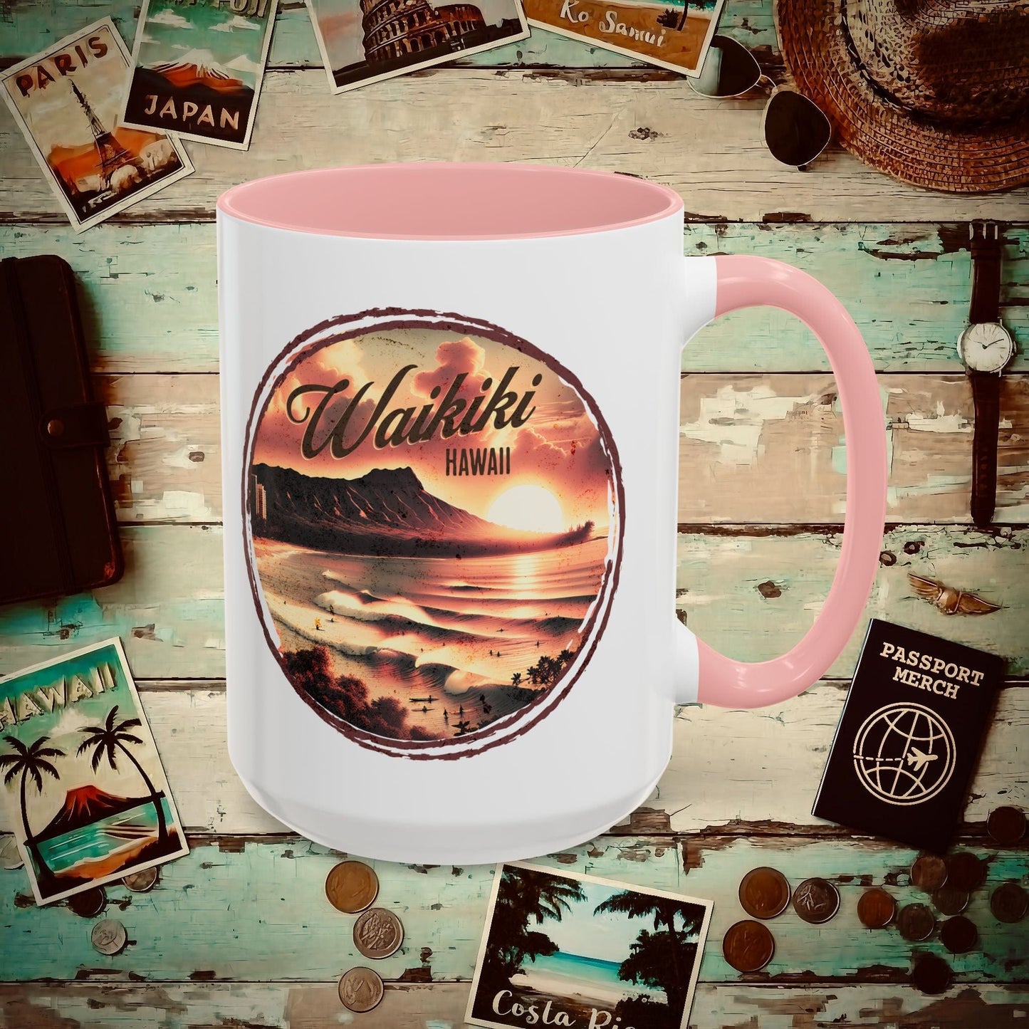 Vintage Nostalgia, Waikiki, Hawaii 15oz Mug Pink / 15oz