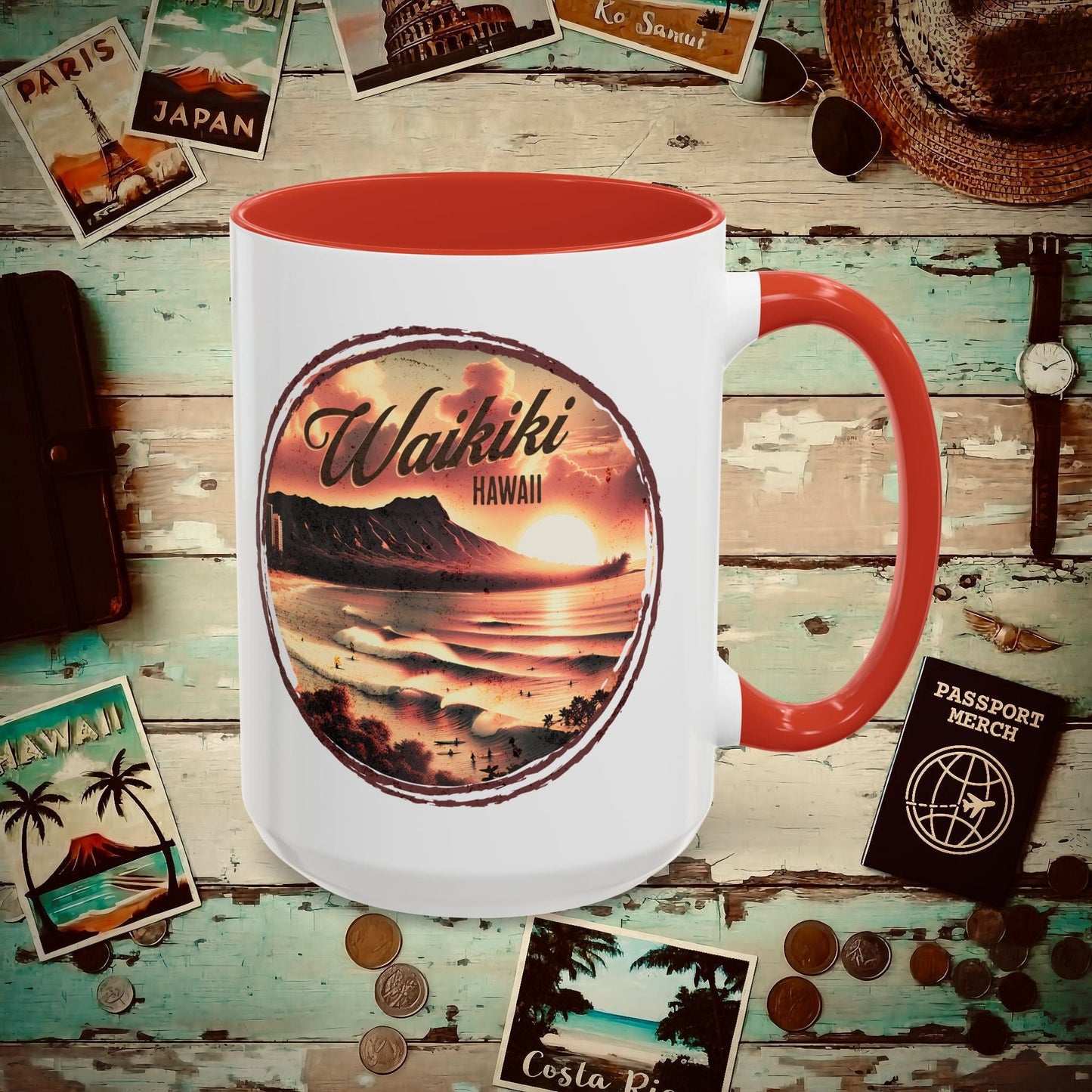 Vintage Nostalgia, Waikiki, Hawaii 15oz Mug Red / 15oz