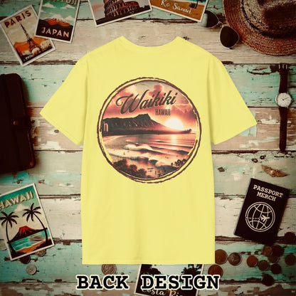 Vintage Nostalgia, Waikiki, Hawaii, Back Print T-Shirt Cornsilk / S