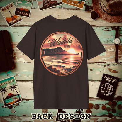 Vintage Nostalgia, Waikiki, Hawaii, Back Print T-Shirt Dark Chocolate / S