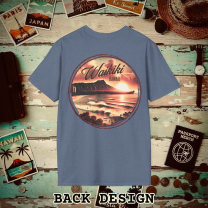 Vintage Nostalgia, Waikiki, Hawaii, Back Print T-Shirt Heather Indigo / S