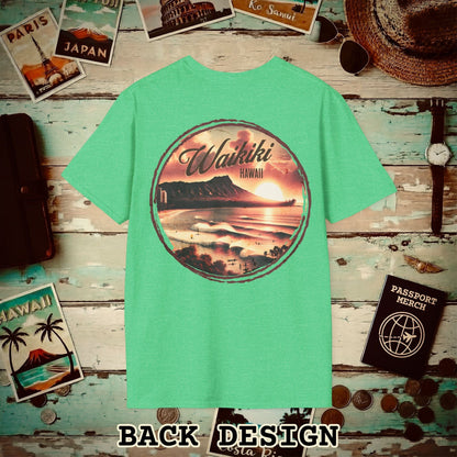 Vintage Nostalgia, Waikiki, Hawaii, Back Print T-Shirt Heather Irish Green / S