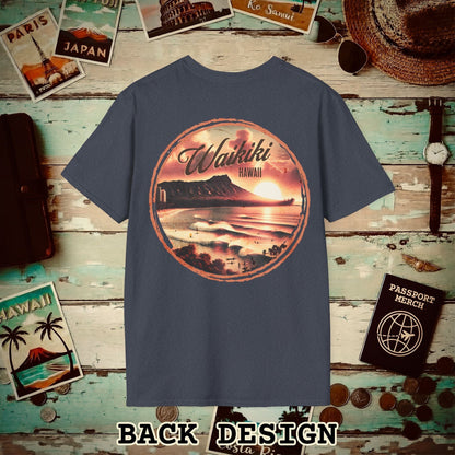 Vintage Nostalgia, Waikiki, Hawaii, Back Print T-Shirt Heather Navy / S